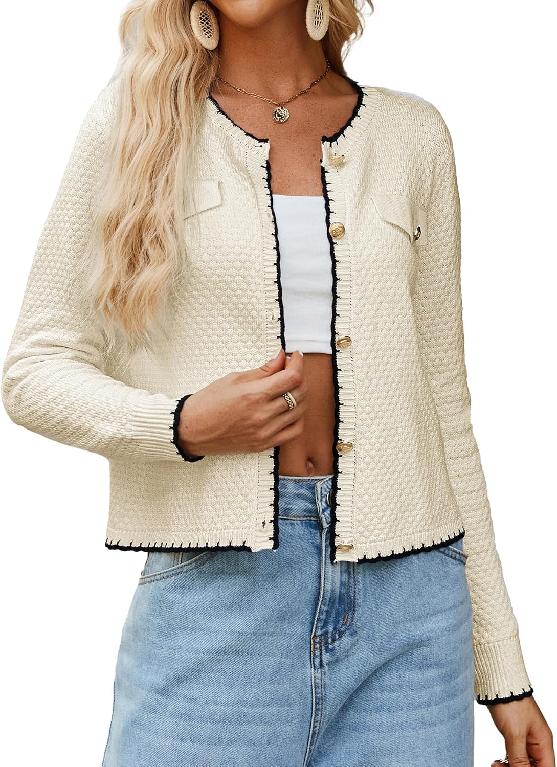 GRACE KARIN Women's Lightweight Long Sleeve Cardigan Two-Tone Button Knit Sweate...
