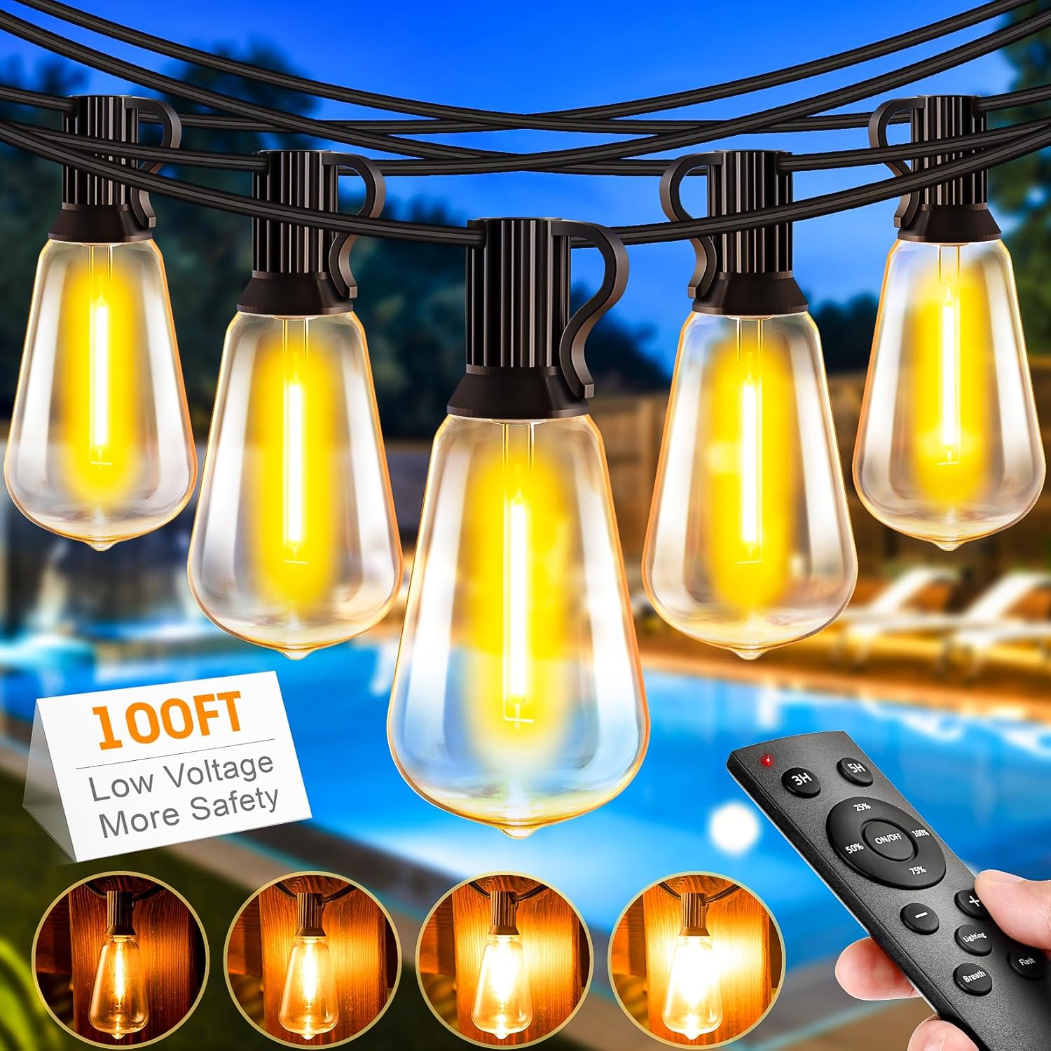 Outdoor String Lights for Patio, 100ft Waterproof Shatterproof Hanging Lights wi...