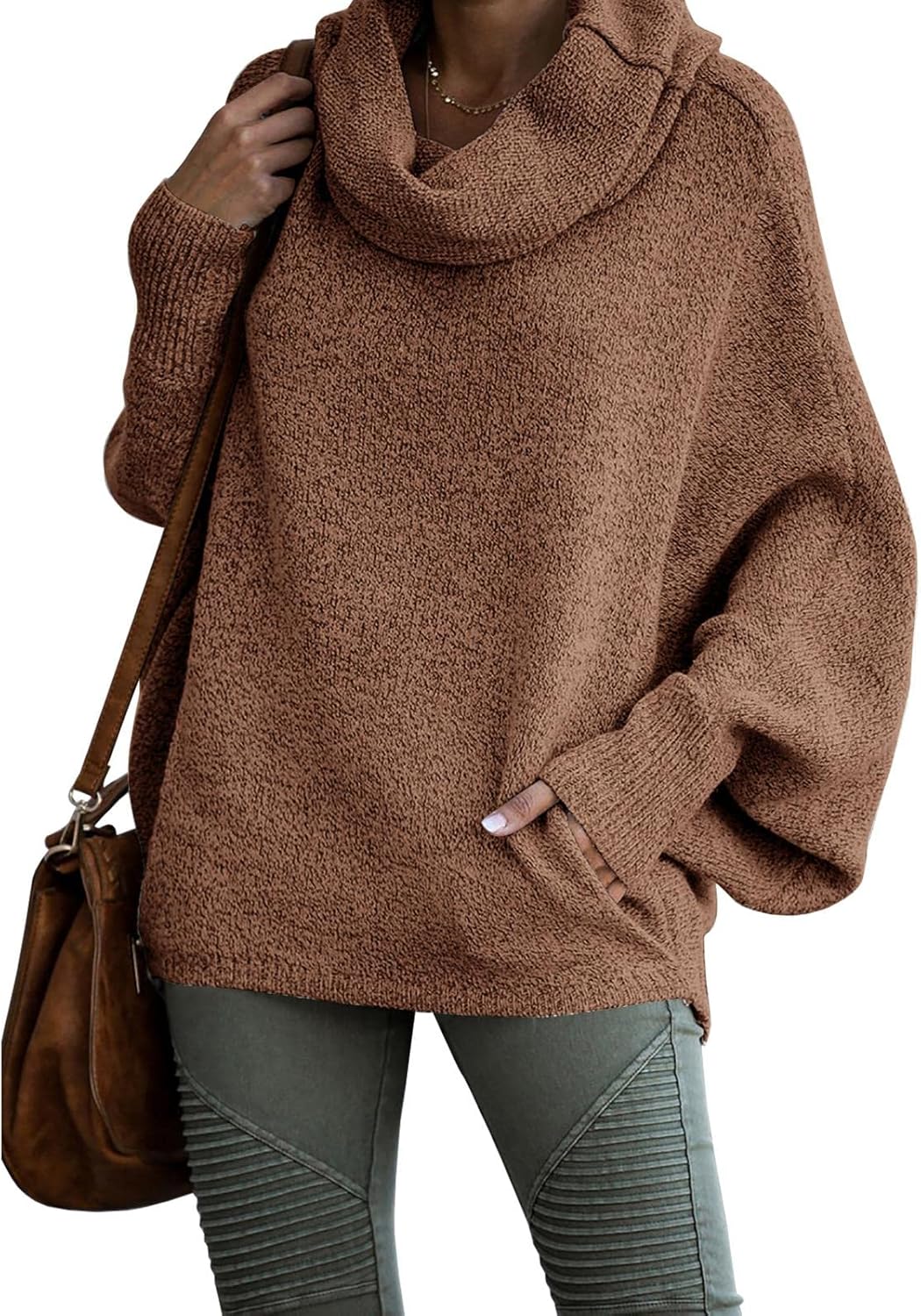 Womens Cowl Neck Pullover Sweaters with Pockets Lantern Long Sleeve Knit Casual...
