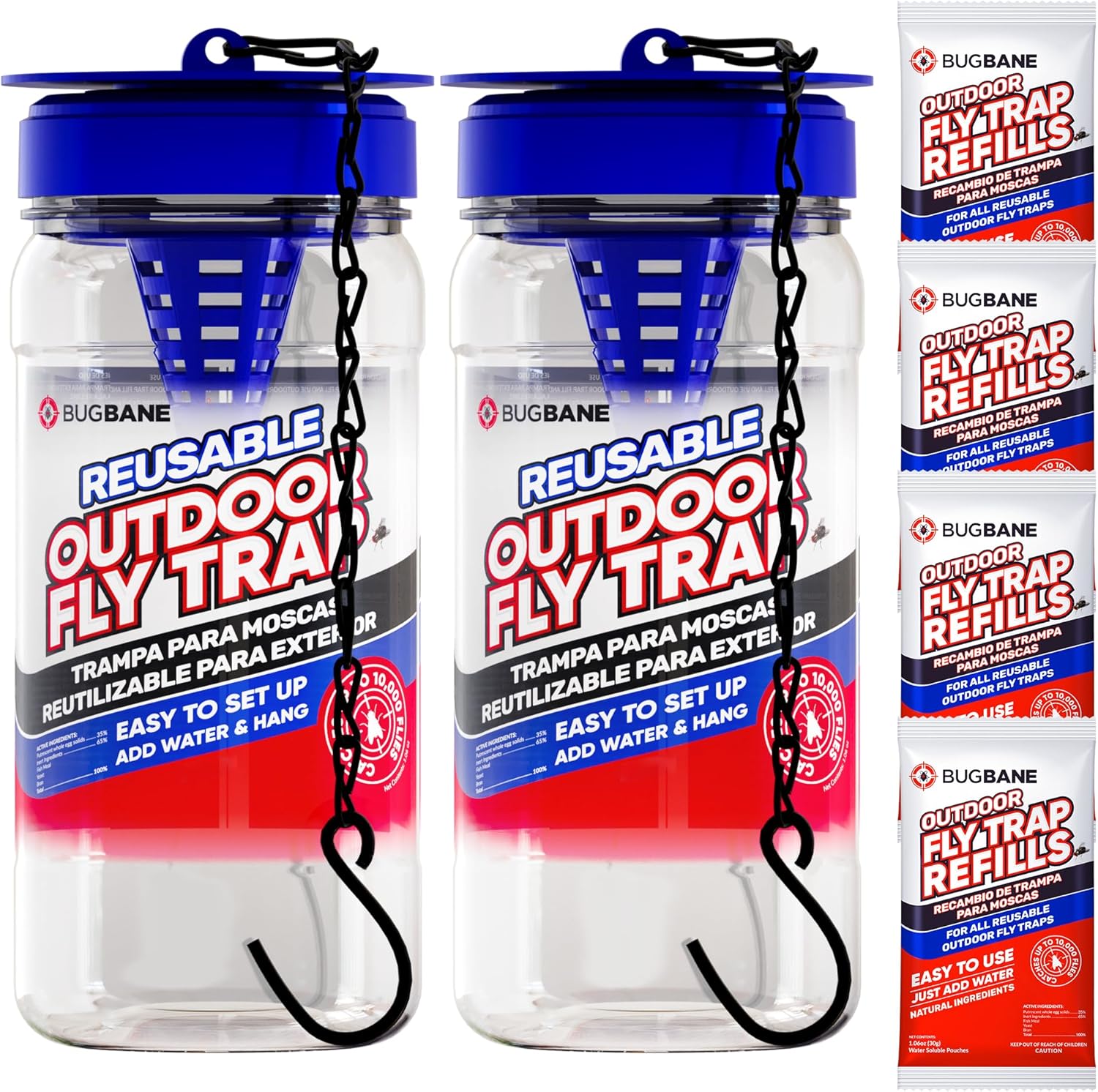 2 Reusable Fly Traps Outdoor Fly Traps with 4 Natural Fly Magnet Bait Refill. Fl...