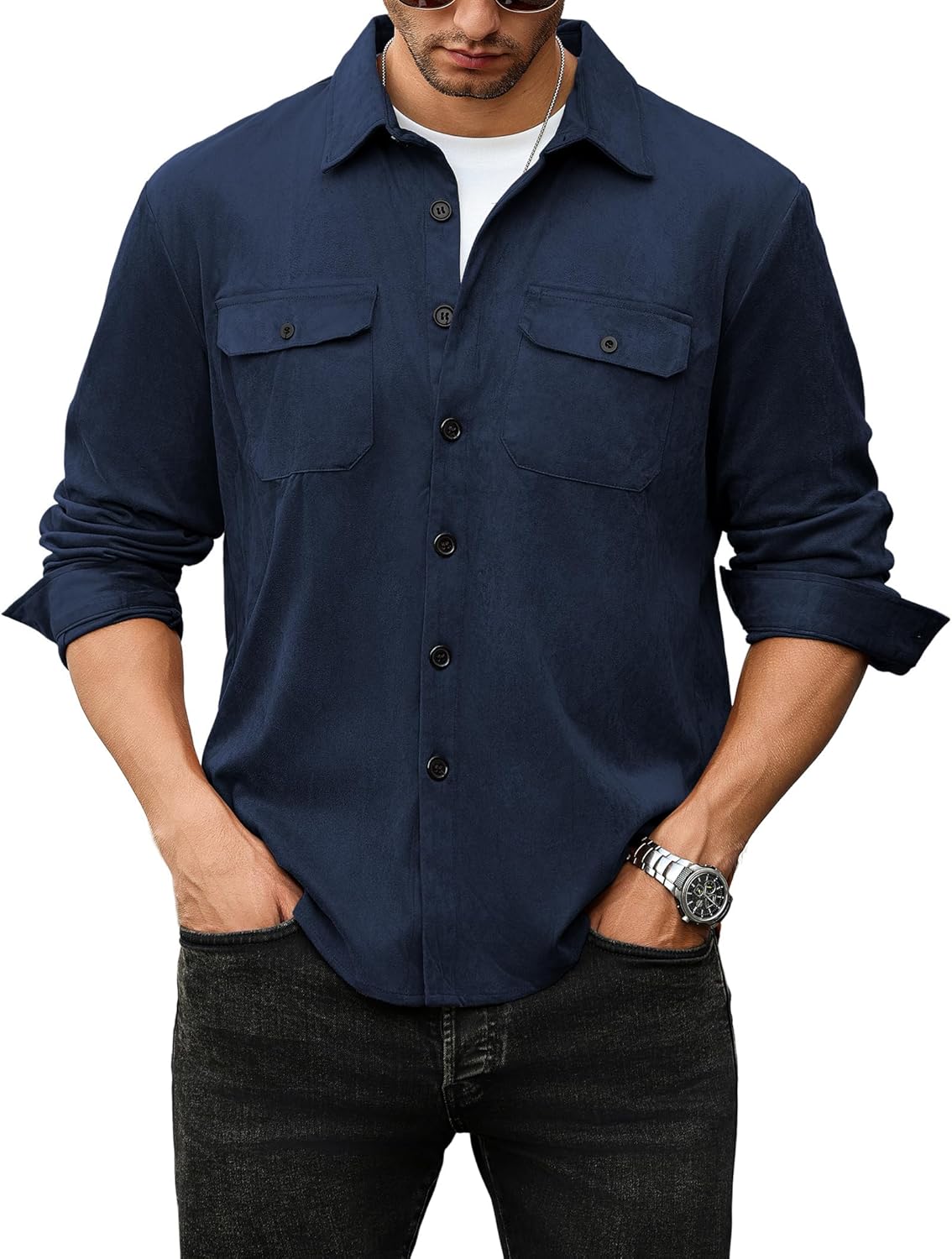 ZAFUL Men's Faux Suede Button Down Shirts Jacket Lightweight Shirt Jacket Long S...