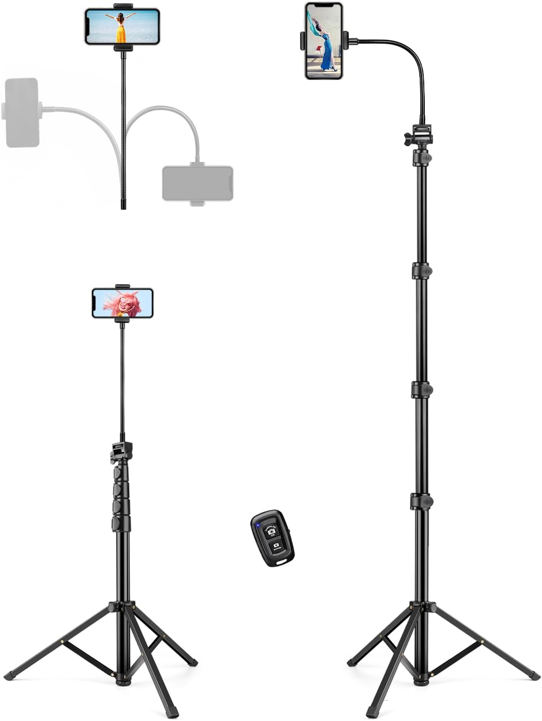 Phone Tripod, 81" Tall Cell Phone Tripod with Remote, Gooseneck Phone Tripod Sta...