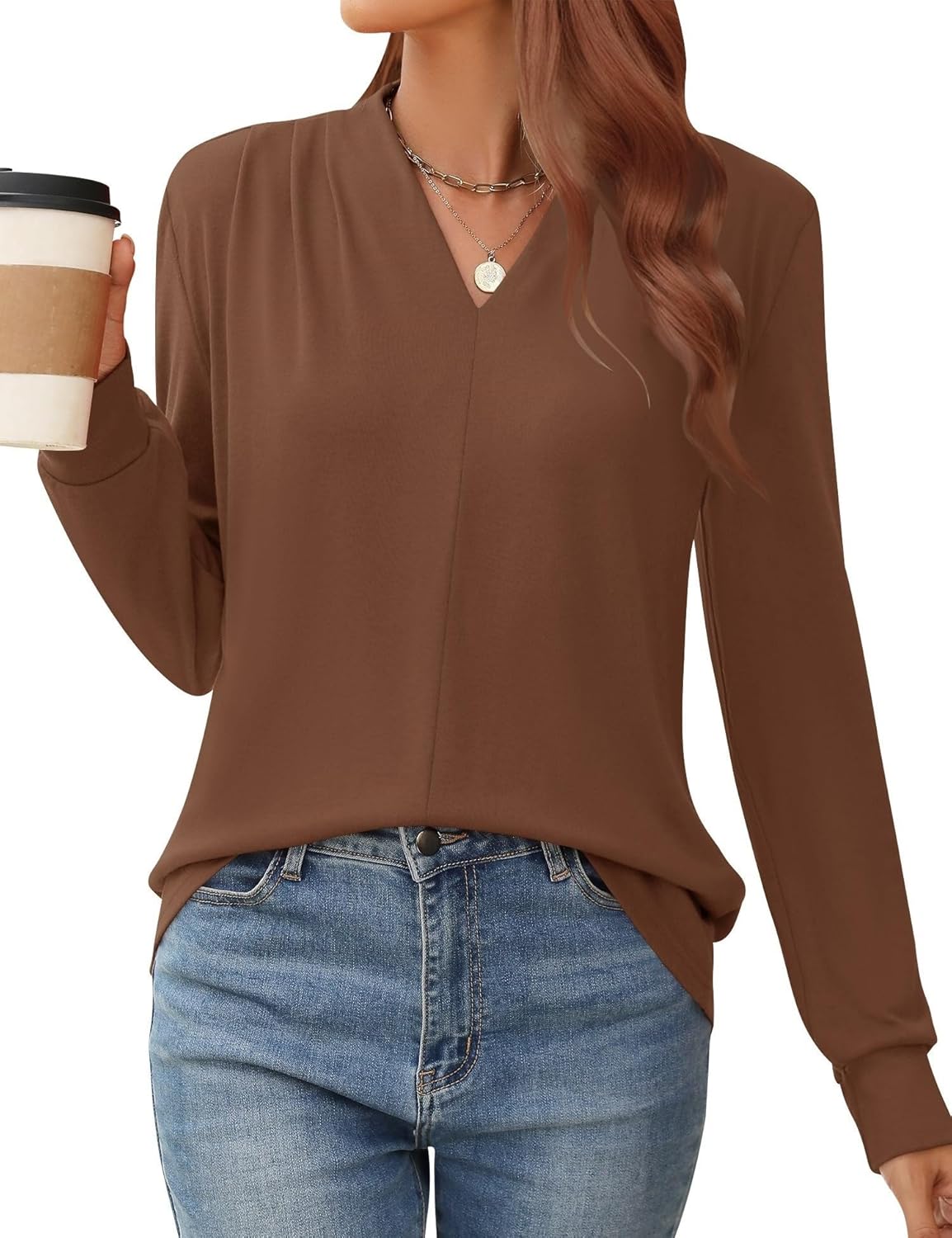 AKEWEI Nice Feminine V-Neck Shoulder Pleats Fashion Tops Fall and Winter Months...