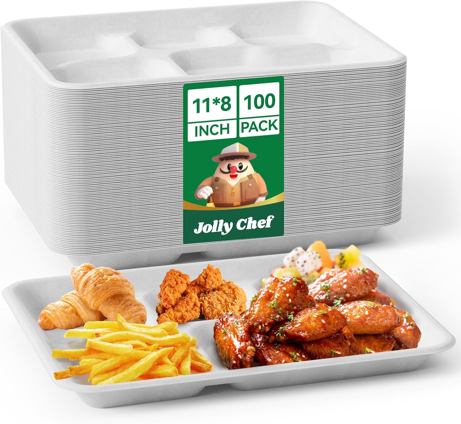 JOLLY CHEF Compostable 5 Compartment Paper Plates 11 * 8 inch [100 Pack] Heavy D...