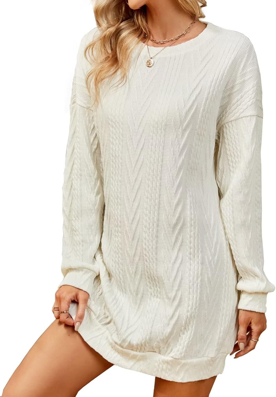 VIMPUNEC Women Crewneck Cable Knit Sweater Dress, Special Long Sleeve Oversized...