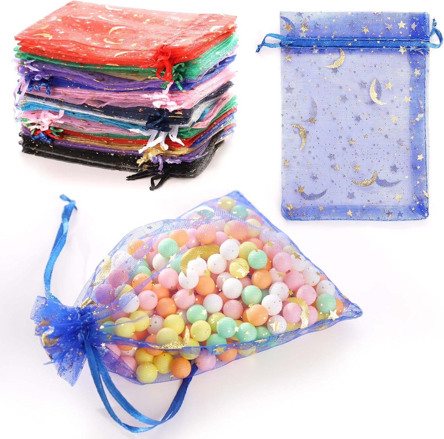 100 Pieces Moon Star Organza Bags, 5x7 Inch Random Color Organza Pouch Small Gif...