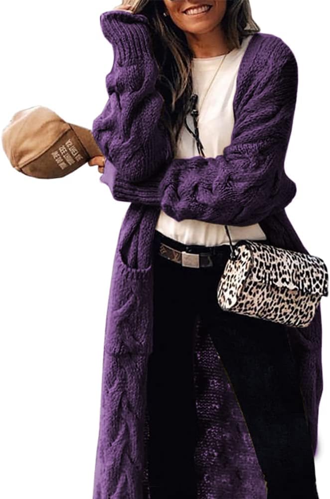 ZIWOCH Women's Long Cardigan Coats Cable Knit Casual Open Front Long Sleeve Loos...