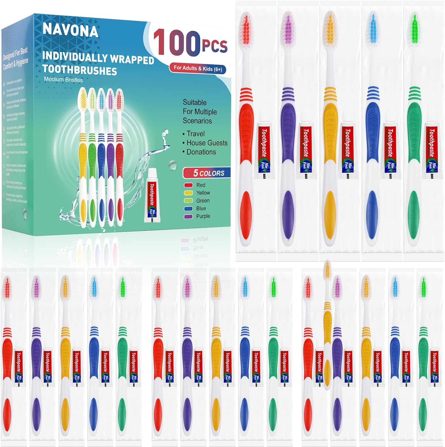100 PCS Individually Wrapped Toothbrushes with Toothpaste Bulk, Disposable Tooth...