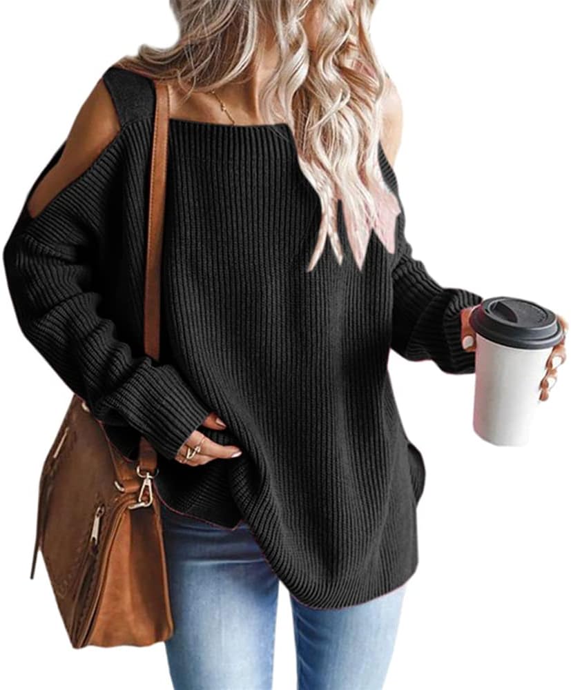 MaQiYa Women's Cold Shoulder Oversized Sweaters Batwing Long Sleeve Square Neck...
