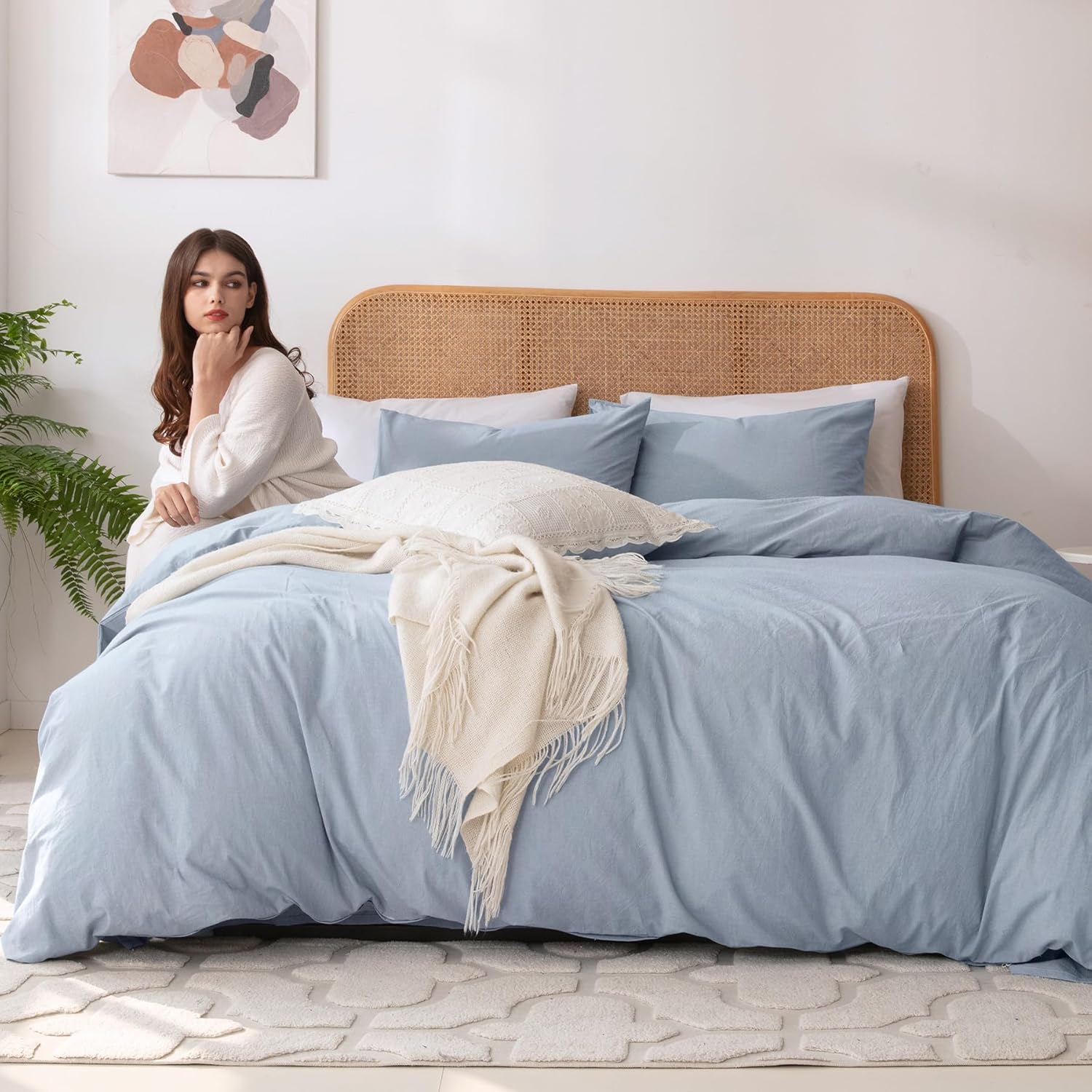 Ventidora 3 Piece Duvet Cover Set Queen Size,100% Organic Washed Cotton with Lin...