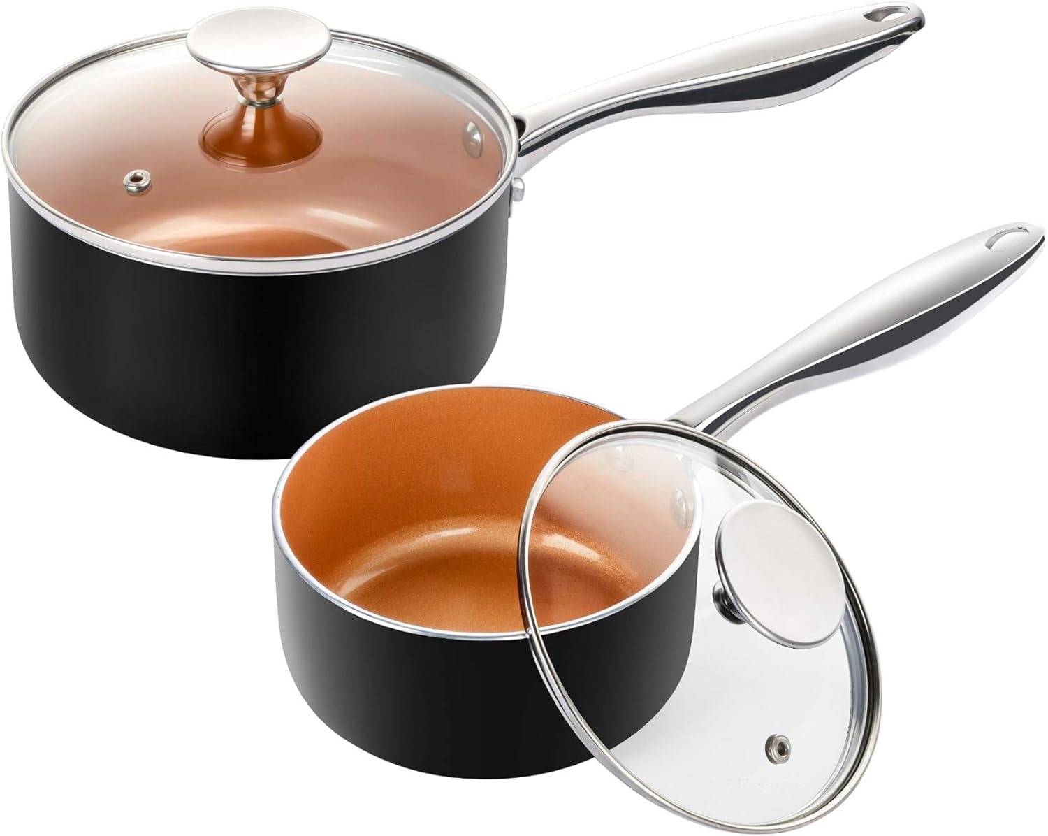 MICHELANGELO Nonstick 1Qt & 2Qt Copper Sauce Pan Set with Lid, Small Pot with Li...