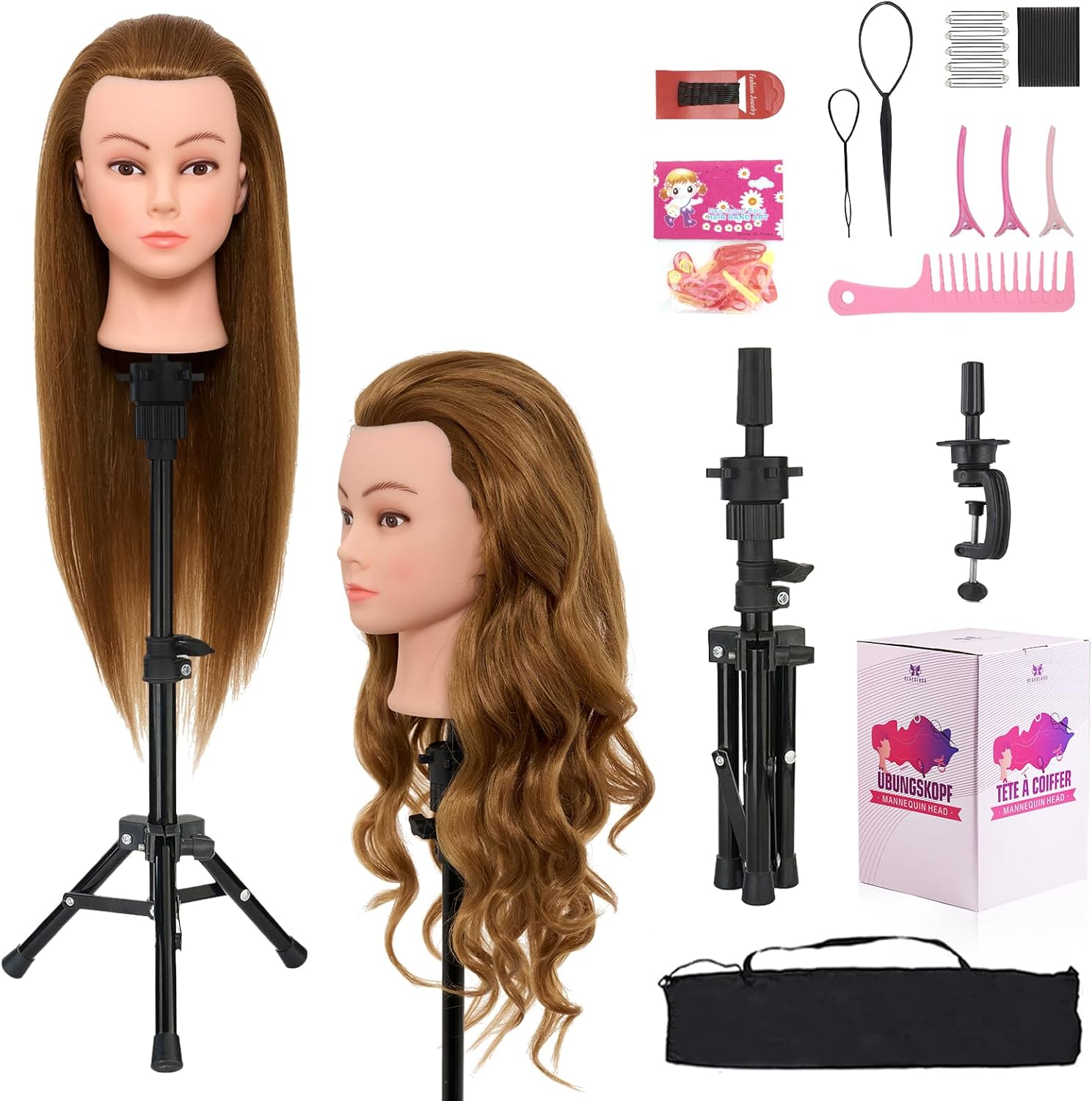 Neverland 26"-28" Hairdressing Head Training Head with Stand, 60% Human Hair Dol...