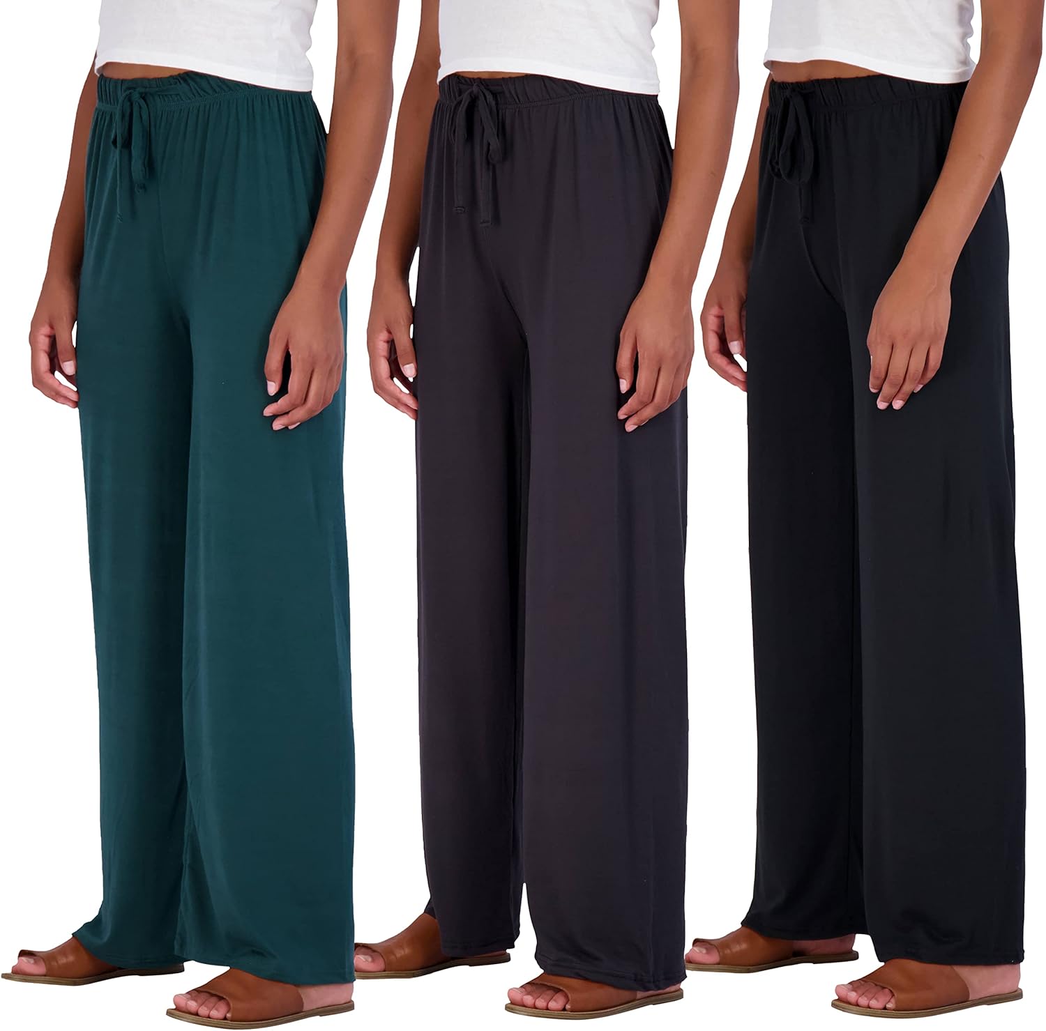 Real Essentials 3 Pack Soft Pallazo Pajama Pants, Special Wide Leg Comfy Casual...