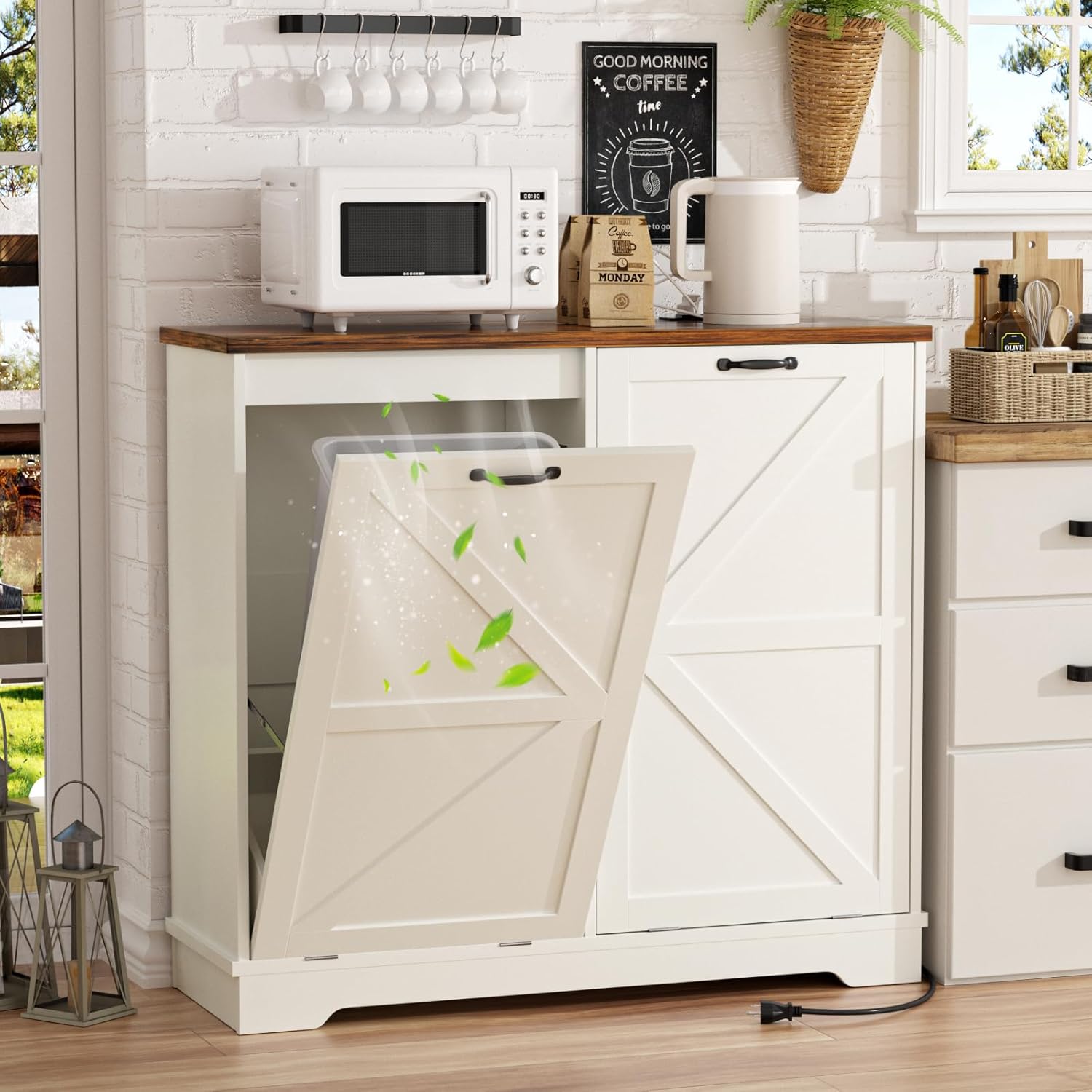 Double Tilt Out Trash Can Cabinet, 13 Gallon Hidden Trash Can Cabinet with Deodo...