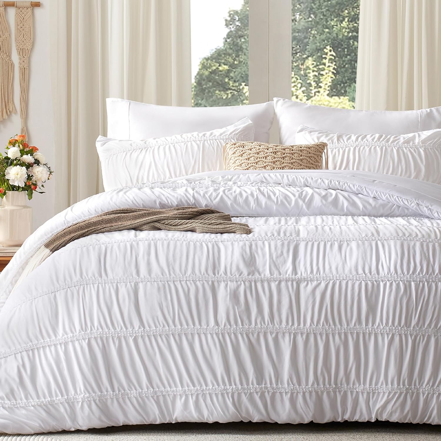 UNILIBRA King Size Comforter Sets 7 Piece, Boho White Bed in a Bag Set, Lightwei...