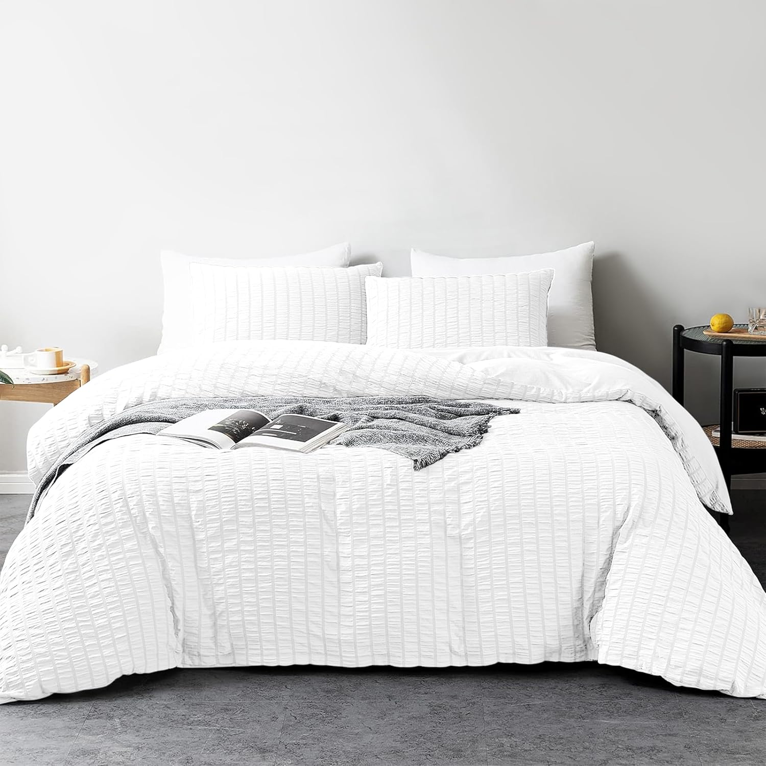 My home store Seersucker White King Size Duvet Cover Sets with 2 Pillowcases – S...
