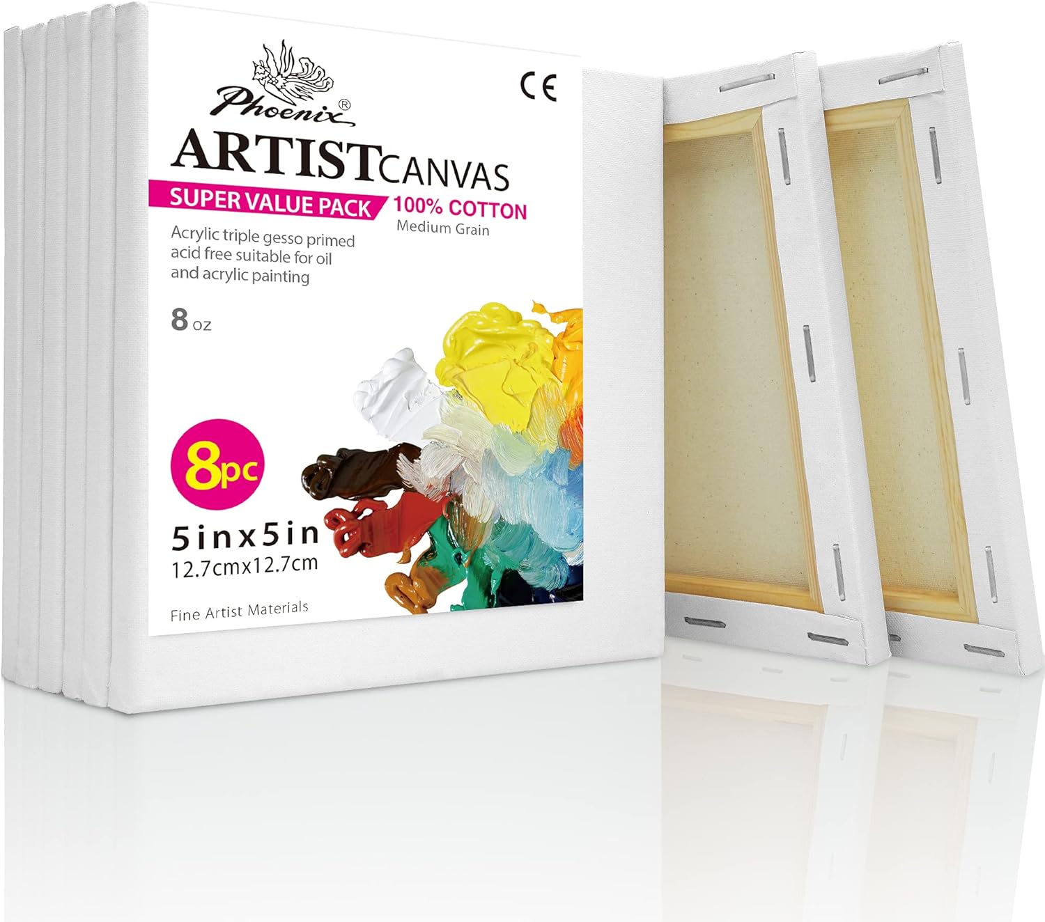 PHOENIX Small Stretched Canvas, High-Quality Canvas for Painting 5x5 Inch/8 Valu...