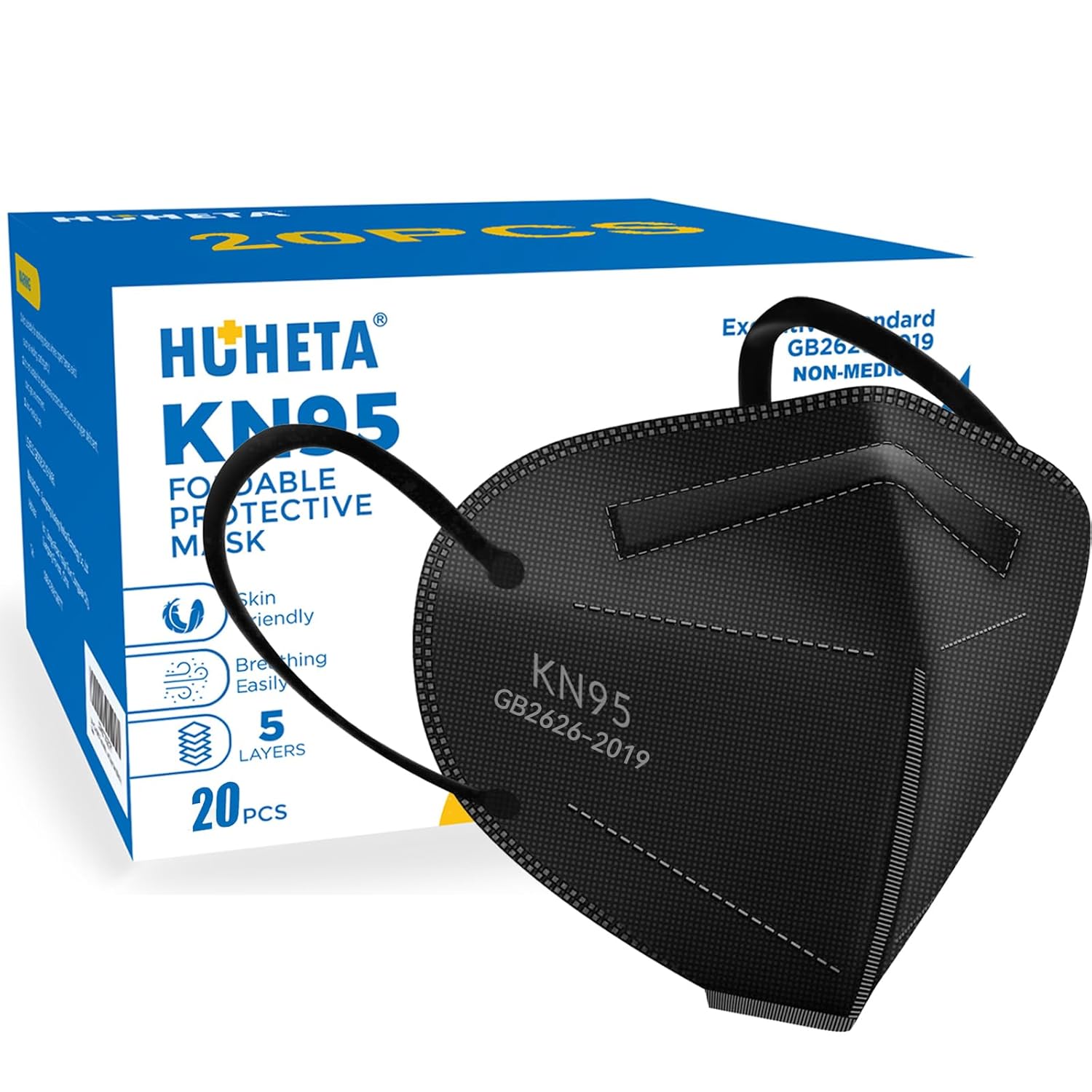 HUHETA KN95 Masks, Packs of 20 Black Face Mask, 5-Layers Protective Cup Dust Mas...