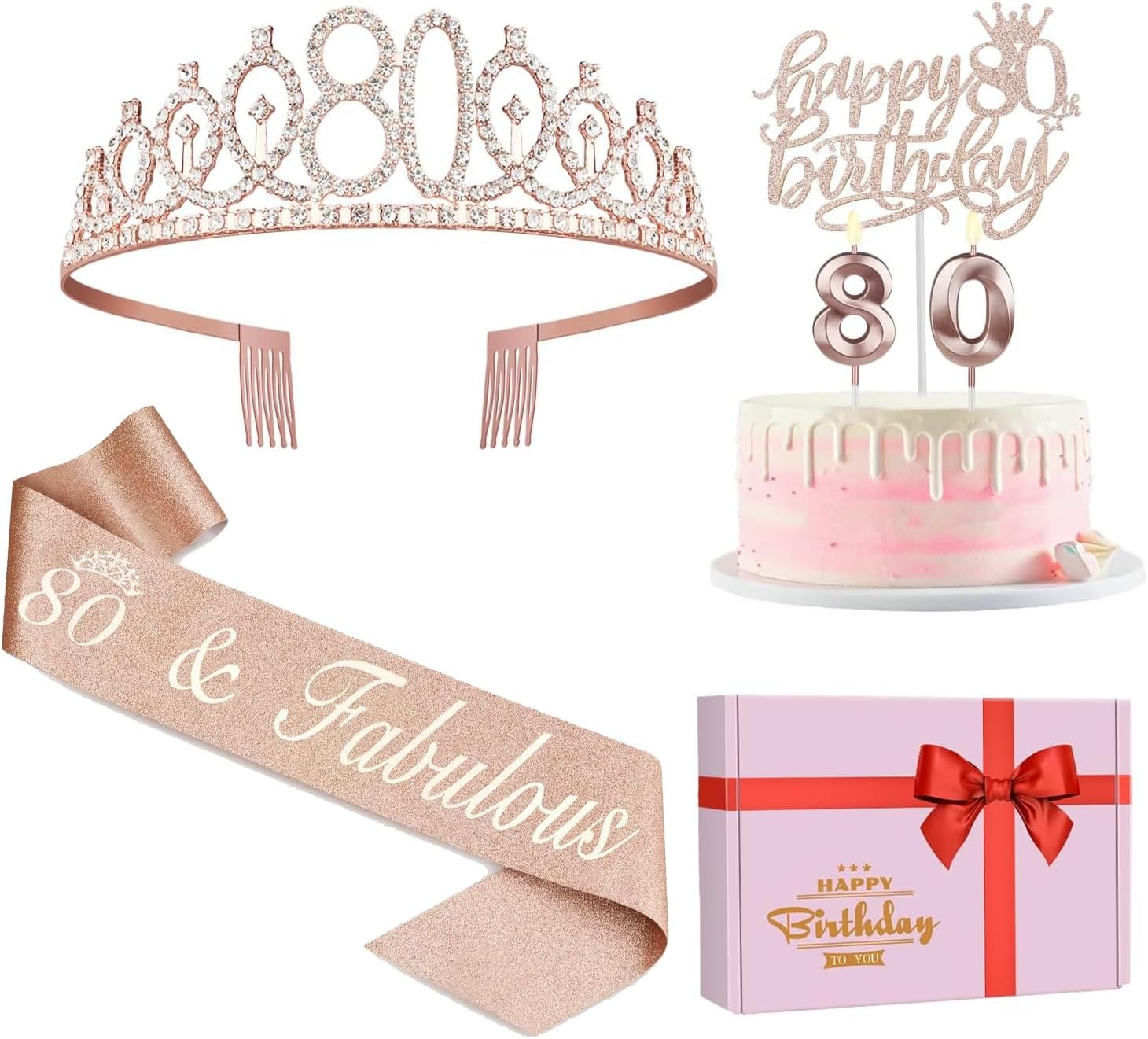 80th Birthday Decorations for Women, 80th Birthday Sash, Crown/Tiara, Candles, C...