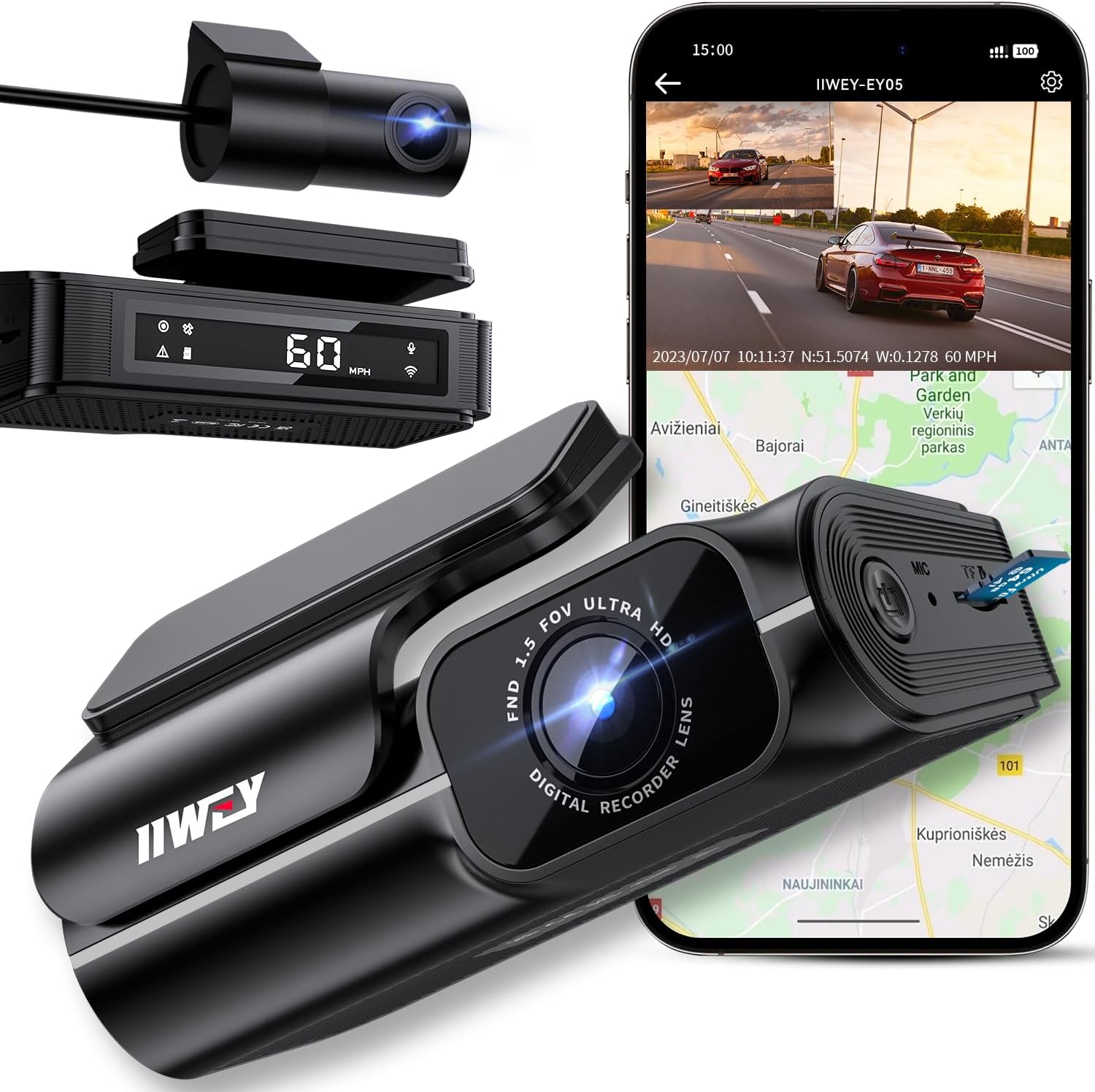 IIWEY EY05 4K Dash Cam Front and Rear, Built-in 5GHz WiFi GPS Speed, Voice Contr...