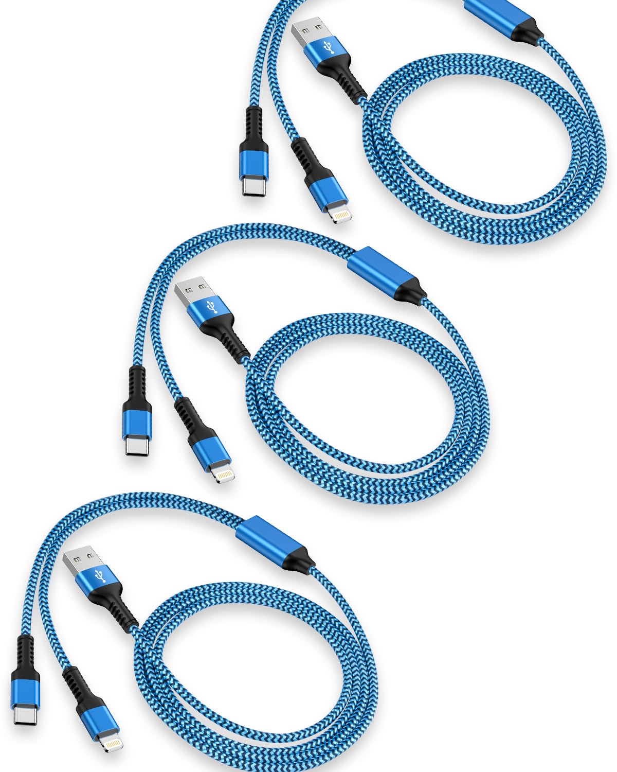 3Pack-4FT Apple & Android USB to Lightning & USB-C 2-in-1 Fast Charger Cable for...