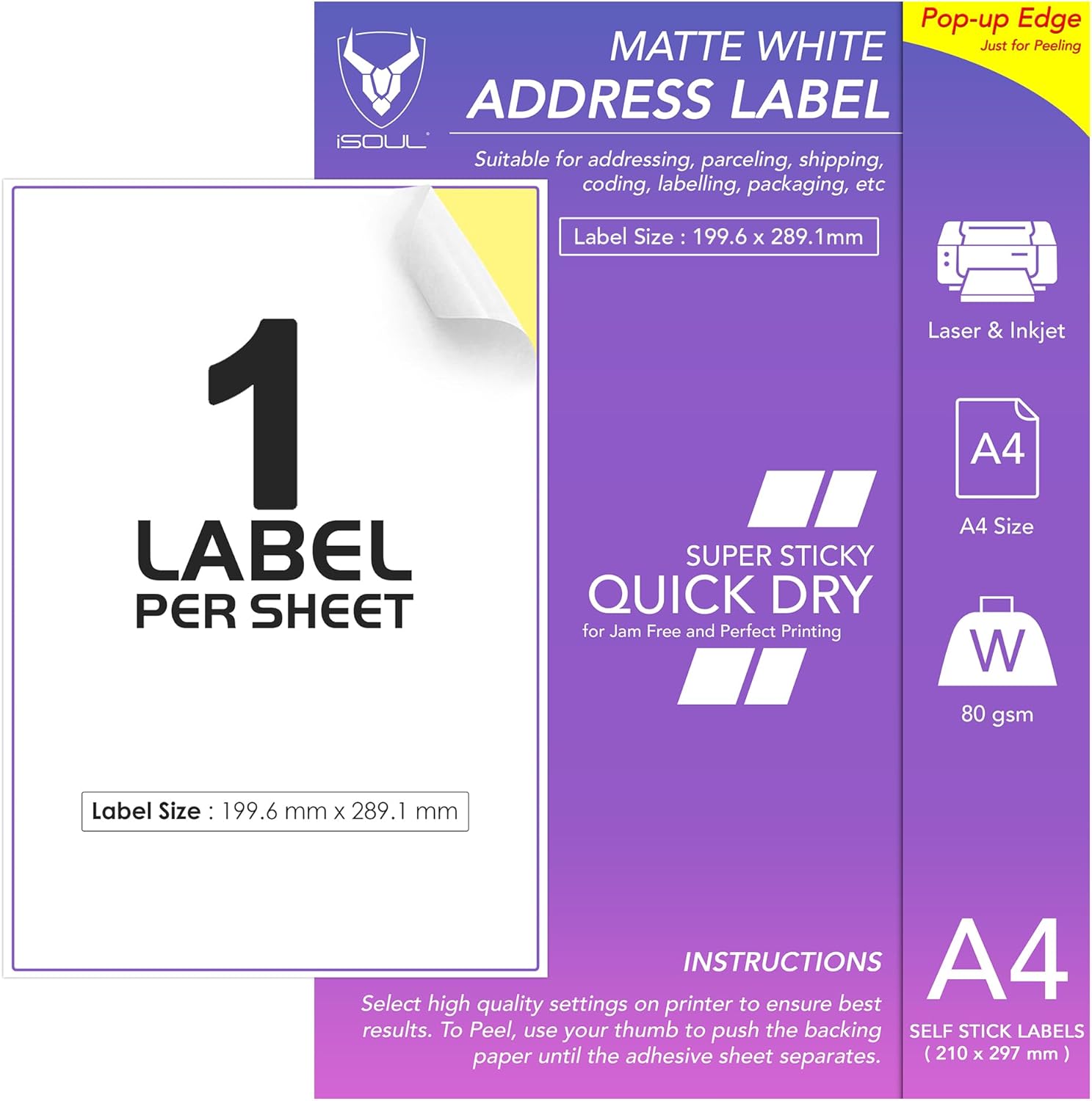 1 Labels Per A4 Sheet, 50 Sheets 50 Sticky Label, Printable Sticker Paper, iSOUL...