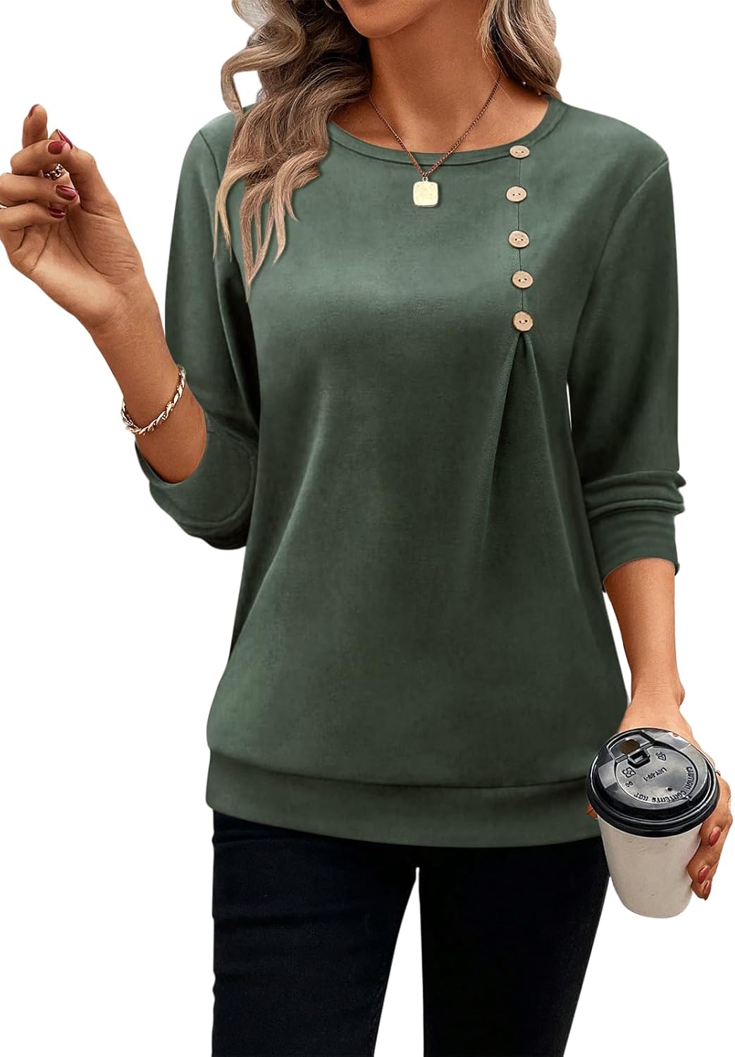 Womens Crewneck Long Sleeve Tops Fall Casual Henley Shirts Loose Fit Pullover Tu...