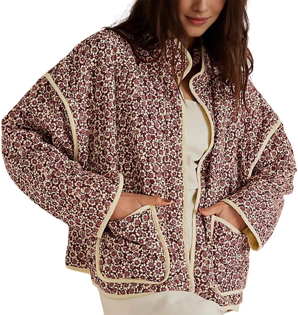 Omoone Women's Cropped Quilted Jacket Floral Printed LightWeight Padded Puffer C...