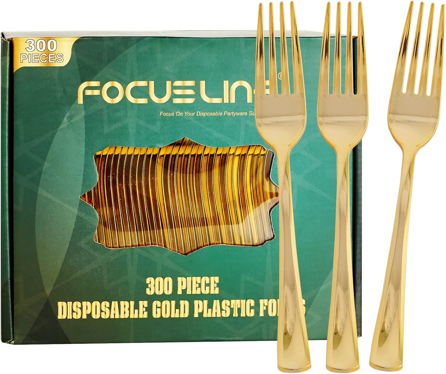 FOCUSLINE 300 Pack Disposable Gold Plastic Forks, Solid and Durable Plastic Cutl...