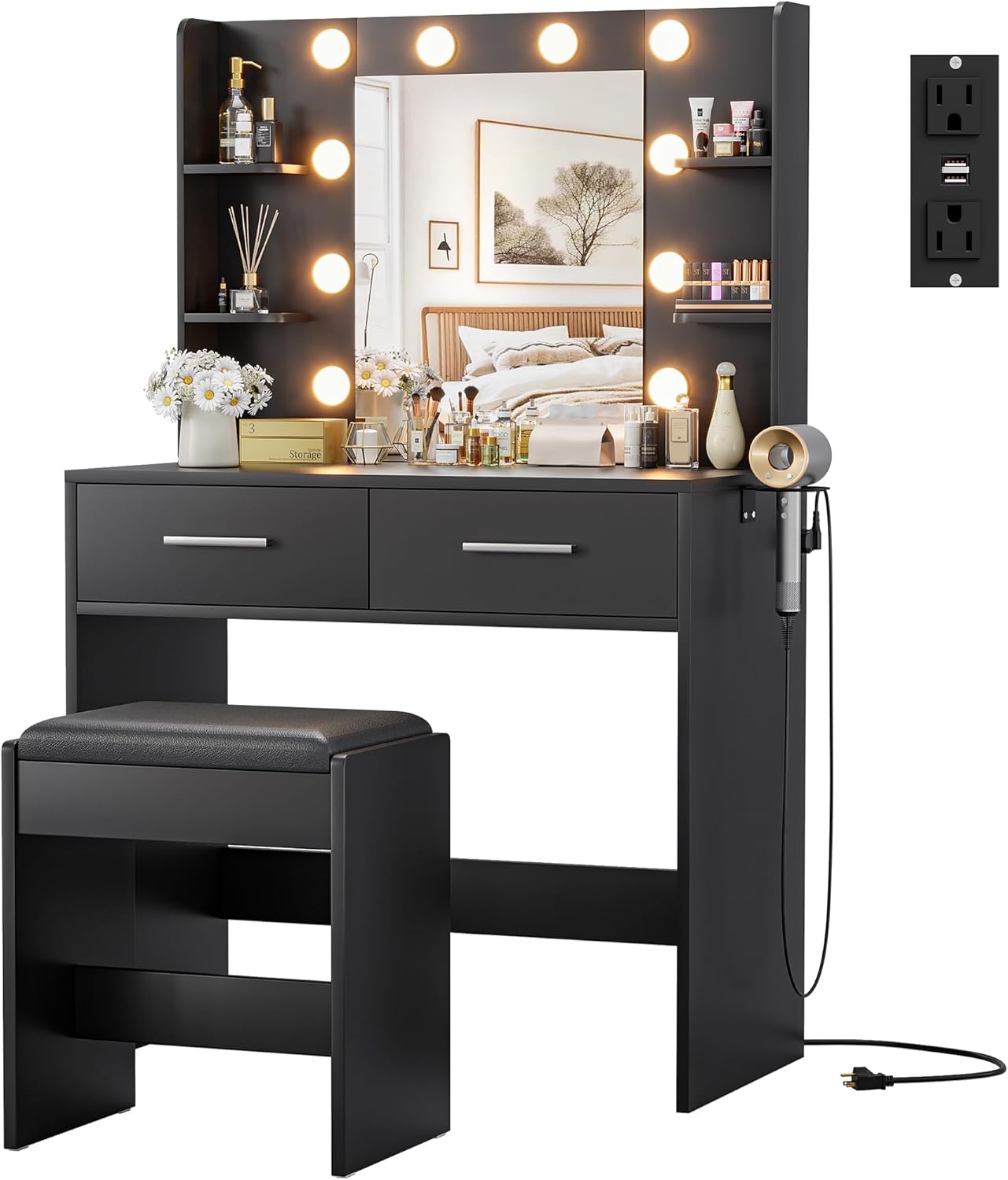 JUMMICO Makeup Vanity Desk with Mirror and Lights Power Outlet, Vanity Table Mak...