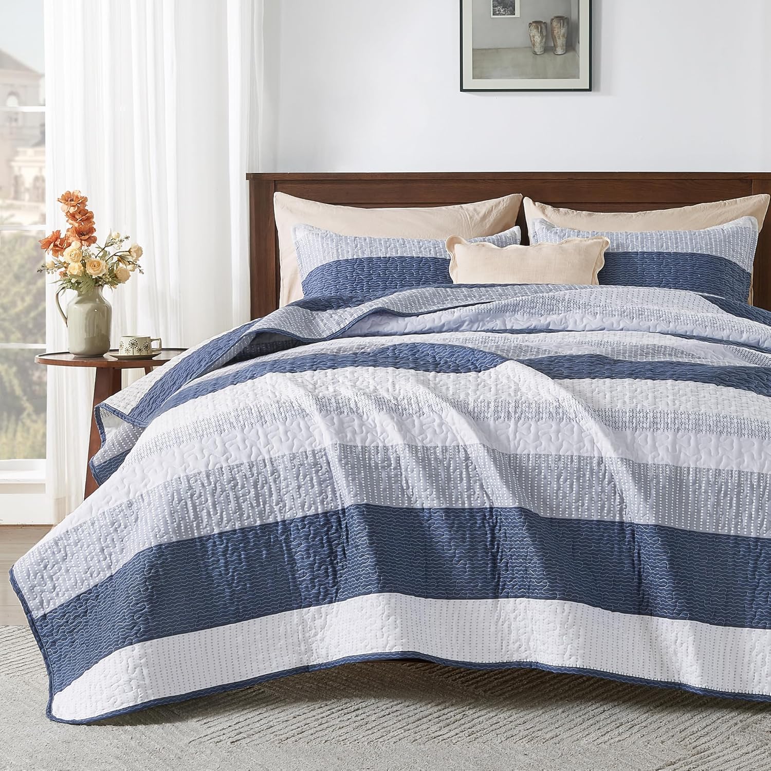 Andency Mineral Blue Striped Oversized King Quilt Set, 3 Pieces (1 Quilt and 2 P...