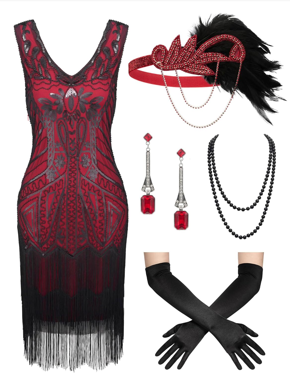 SWEETV Women's Vintage Flapper Dress 1920s,Great Gatsby Sequin Fringe dresses wi...