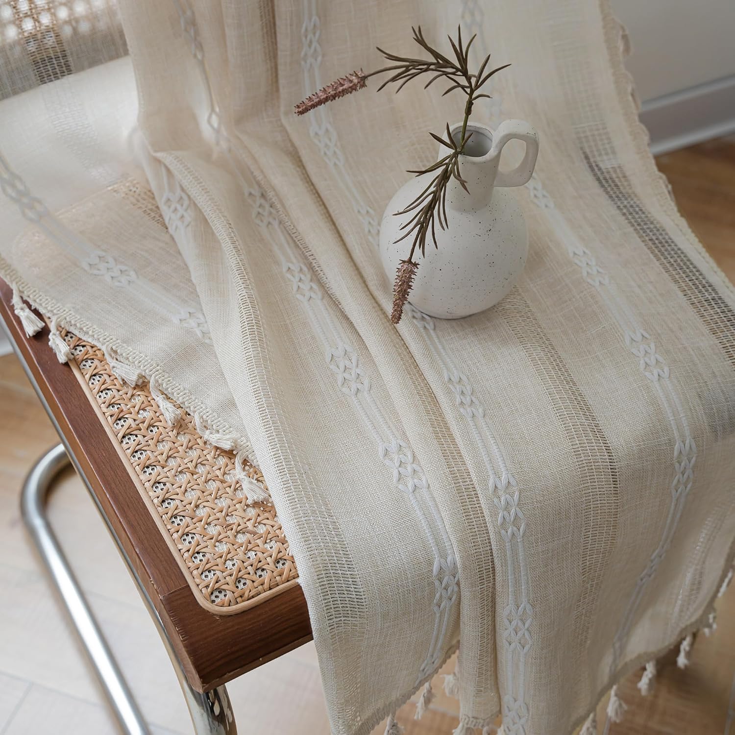 Beige Linen Curtains Boho Curtains for Bedroom 2 Panels 84 inches Curtains for L...