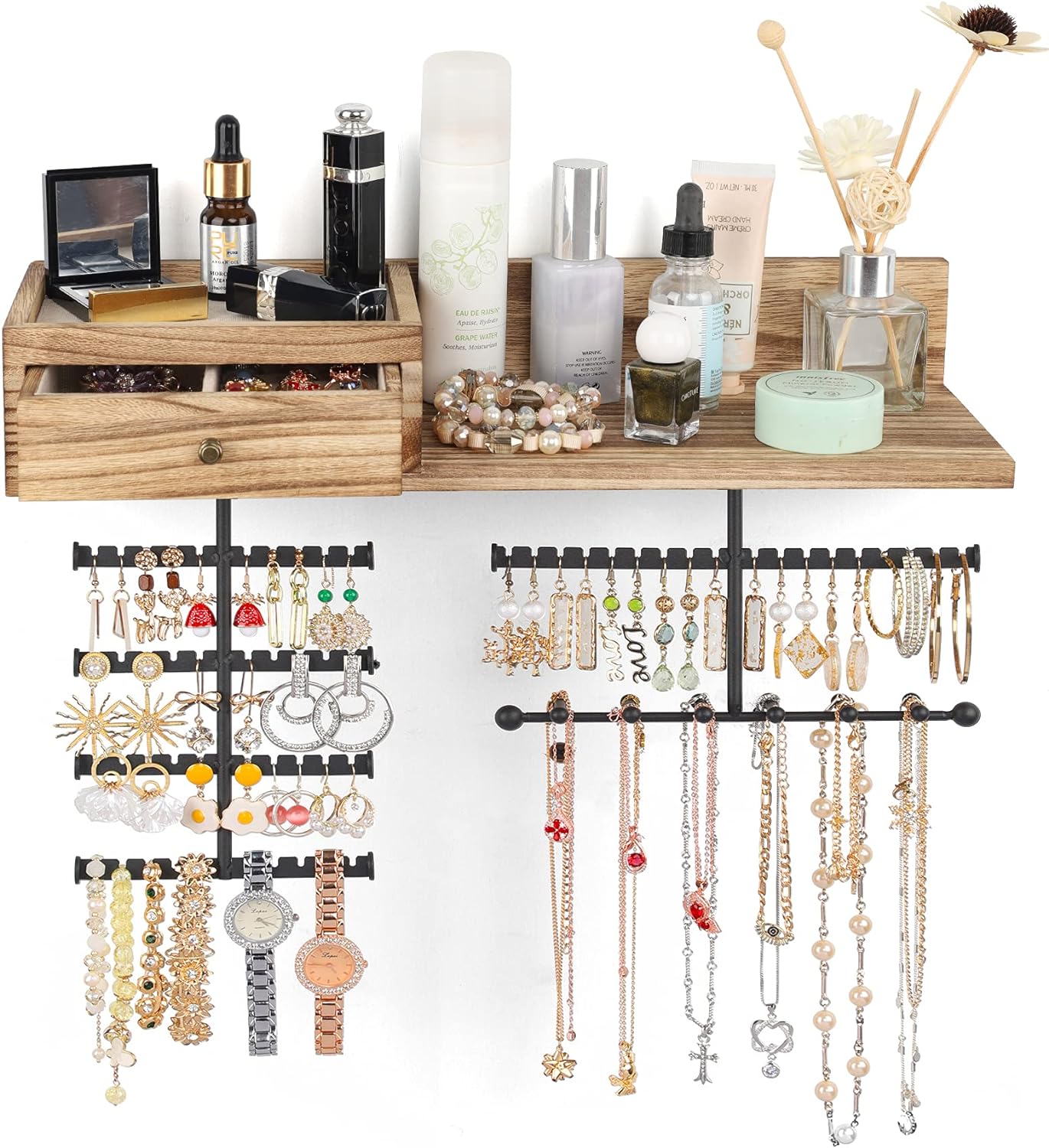 VINAEMO Jewelry Organizer Hanging Wall Mounted Jewelry Holder with Rustic Wood D...