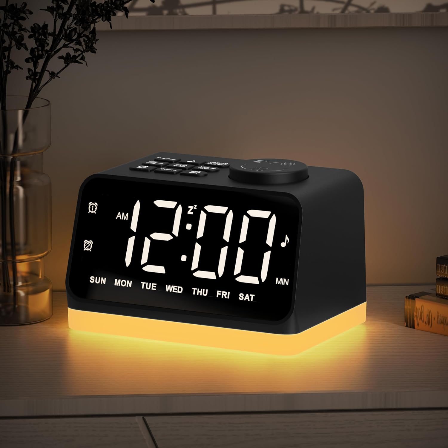 Digital Alarm Clock with FM Radio for Bedroom, 8 Colors Night Light with 2 Charg...