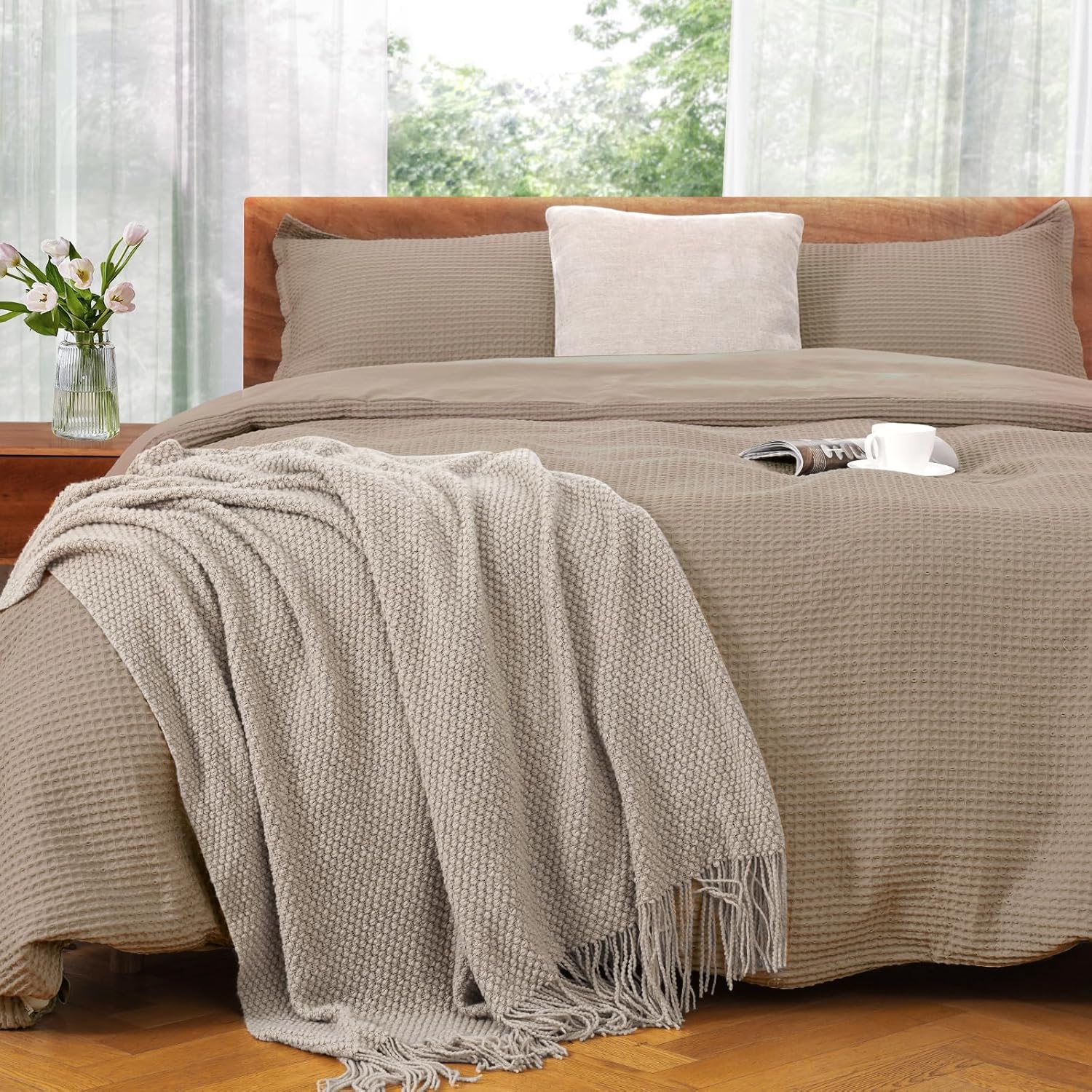 VALUXE Duvet Cover Set Queen Size 100% Cotton,Khaki Waffle Weave Soft and Breath...