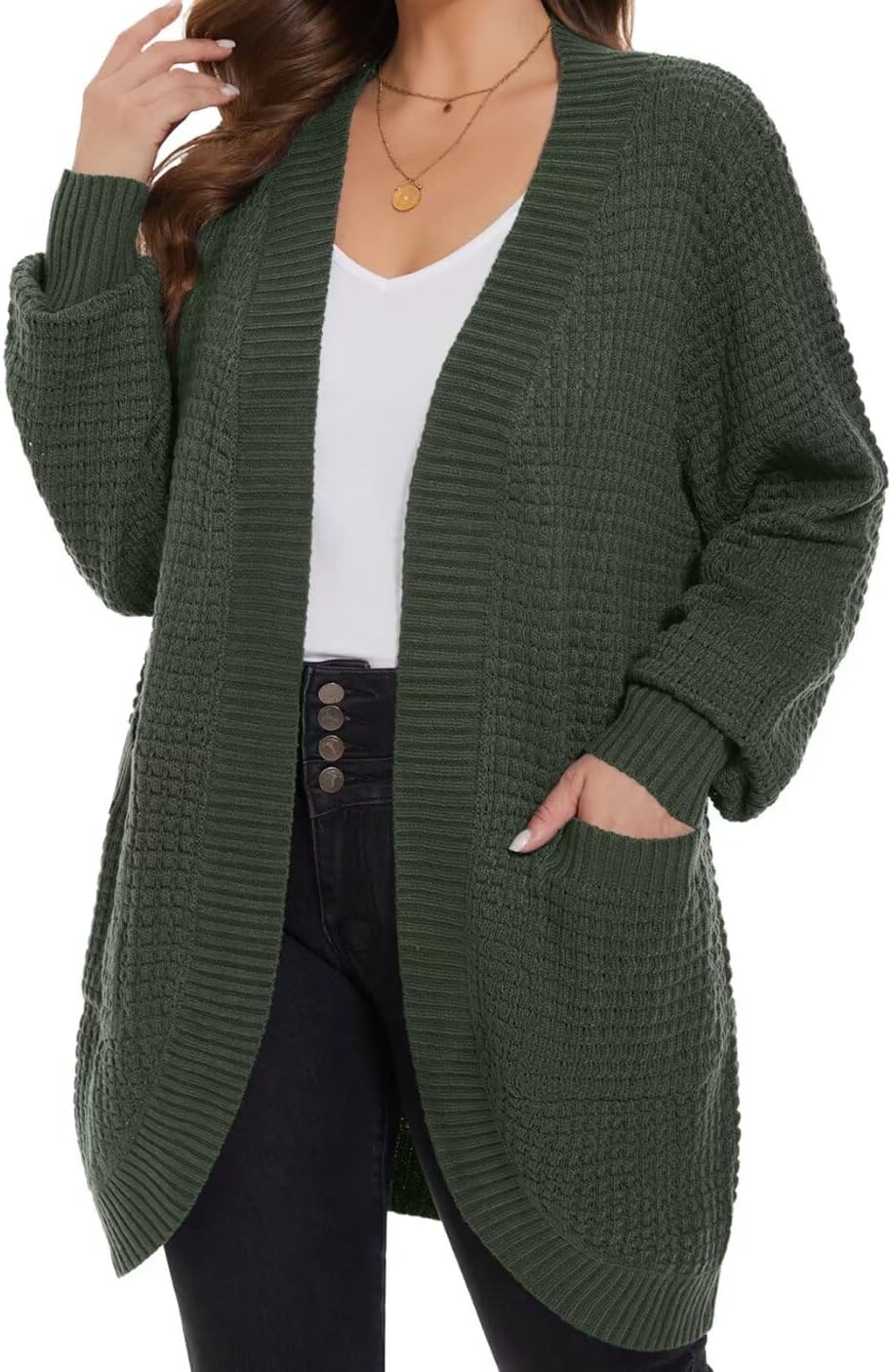 MONNURO Womens Plus Size Open Front Cardigan Waffle Knit Long Sleeve Sweaters To...