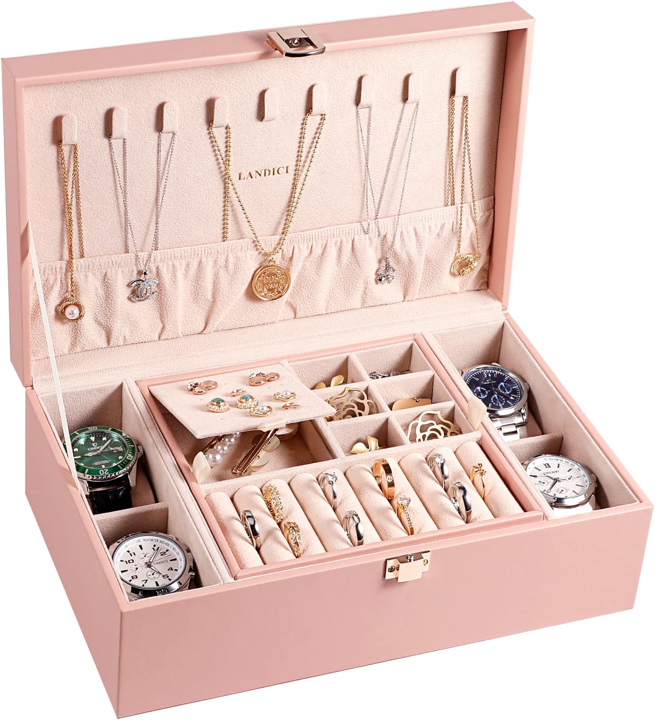 Jewelry Box Organizer for Women, LANDICI Special 2 Layer 4 Slot Watch Storage Ca...
