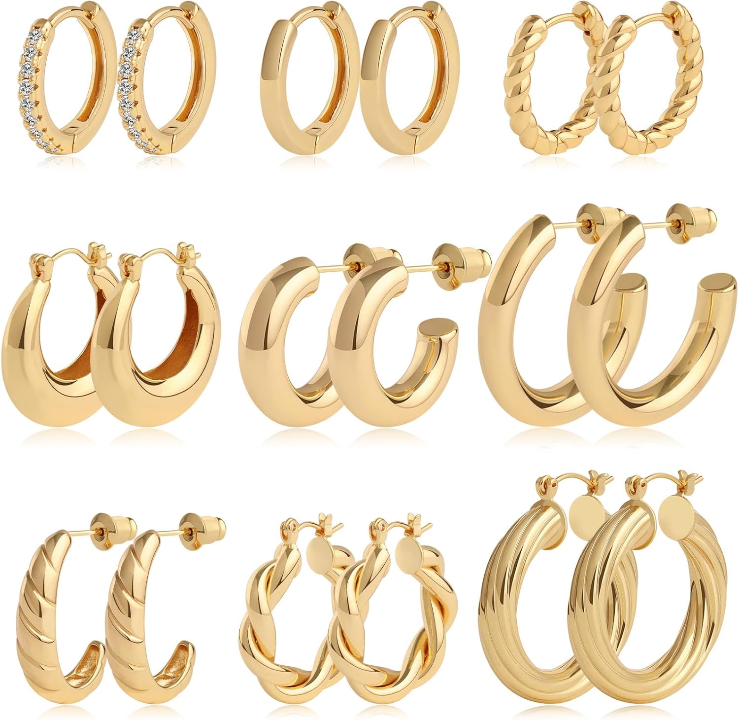 Gold Hoop Earrings for Women Chunky Twisted Huggie Hoops Earrings Set 14K Real G...