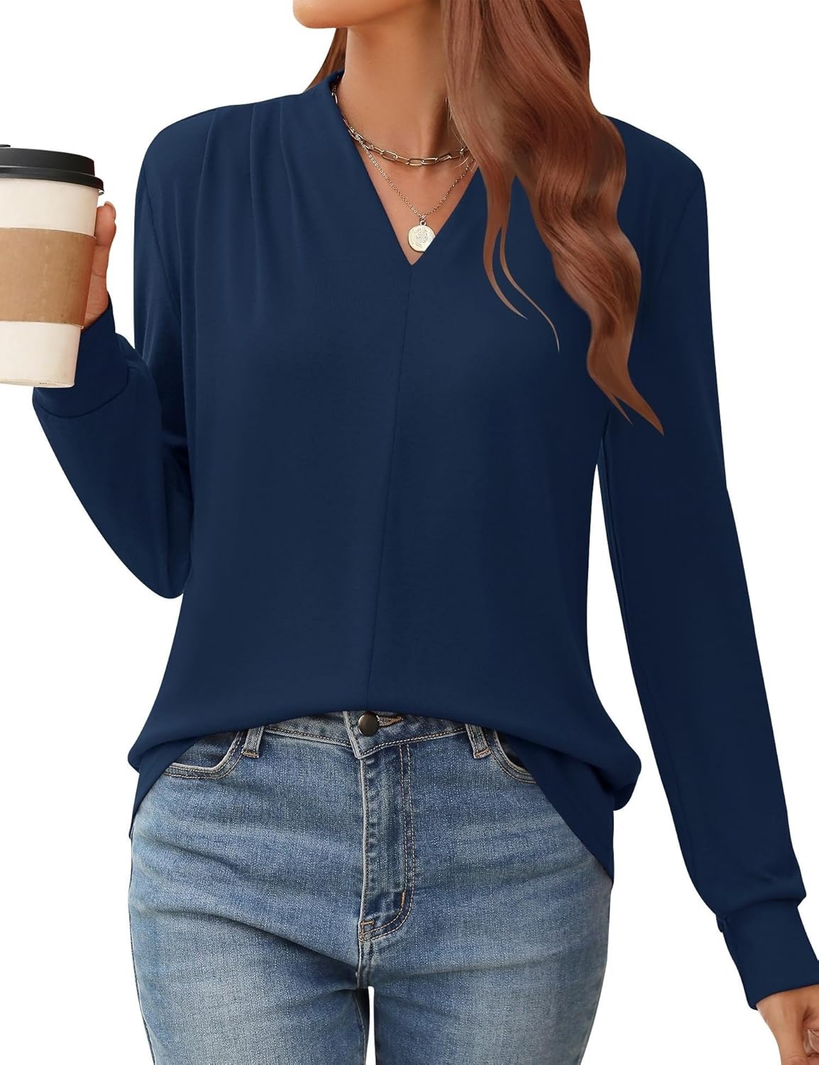 AKEWEI Nice Feminine V-Neck Shoulder Pleats Fashion Tops Fall and Winter Months...