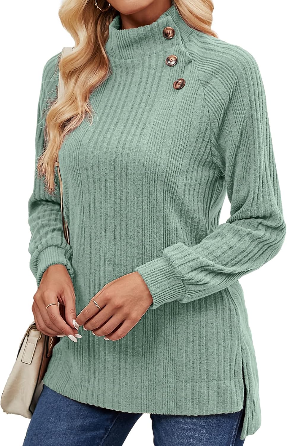 LURANEE Womens Long Sleeve Tunic Tops Turtle Neck Sweater Light High Low Side Sp...