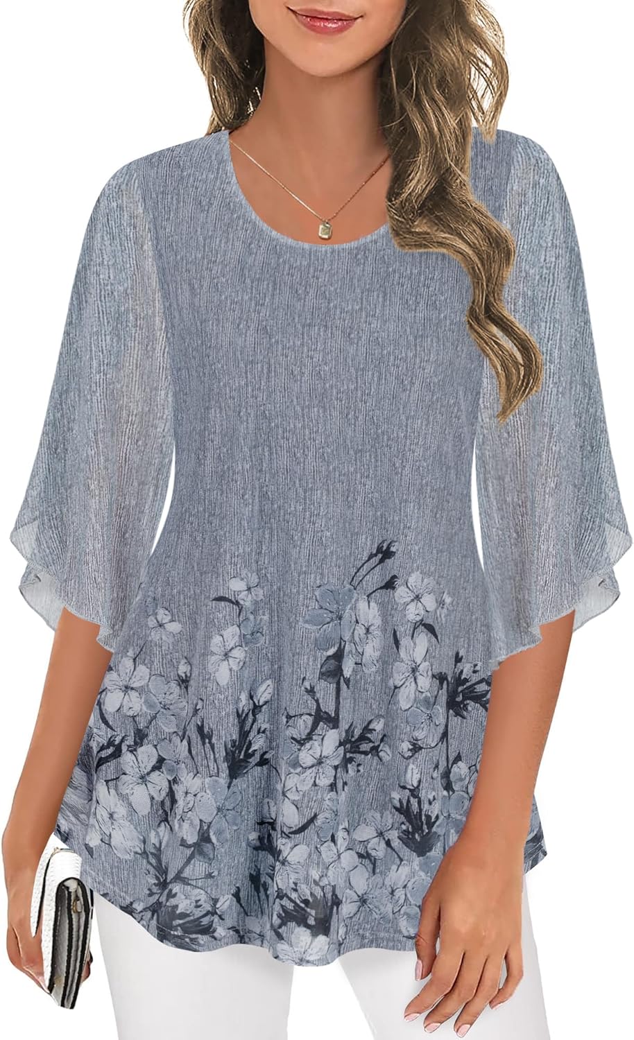 Ninedaily Women's Tops 3/4 Sleeve Blouses Dressy Casual Double Layers Mesh Tunic...