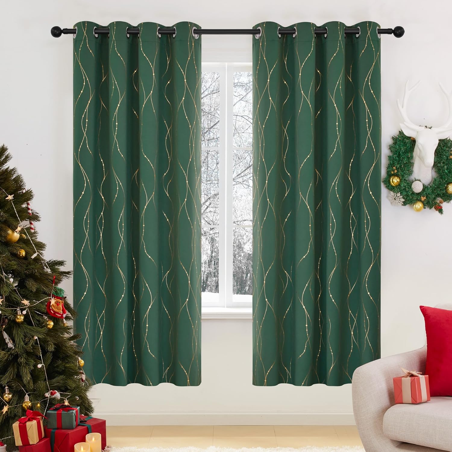 Deconovo Blackout Grommet Gold Pattern Printed Curtains, Dark Forest Green, 52W...