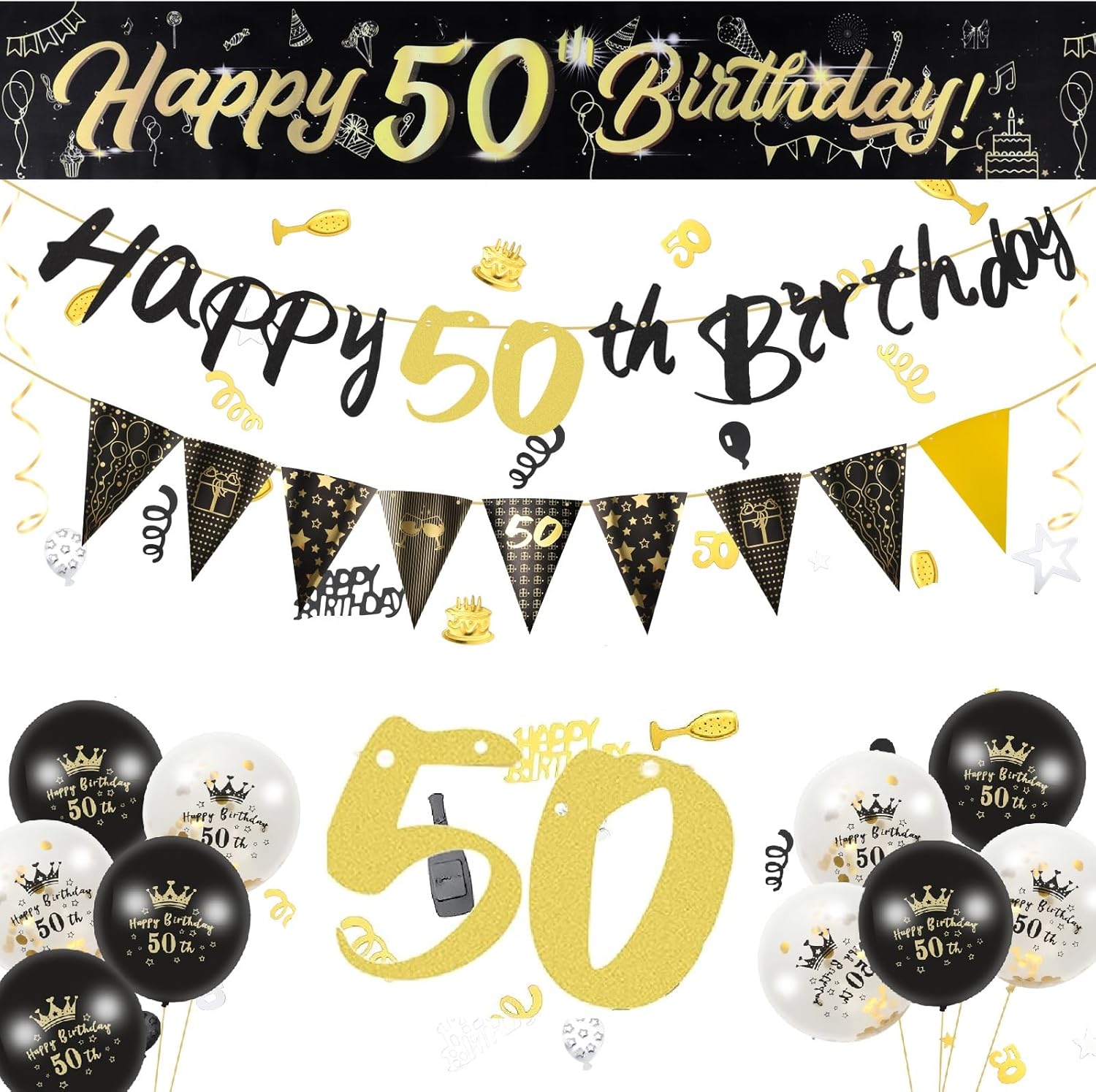 22 Pcs 50th Birthday Decorations, Black Gold 50th Birthday Banners 12 Inches 50t...