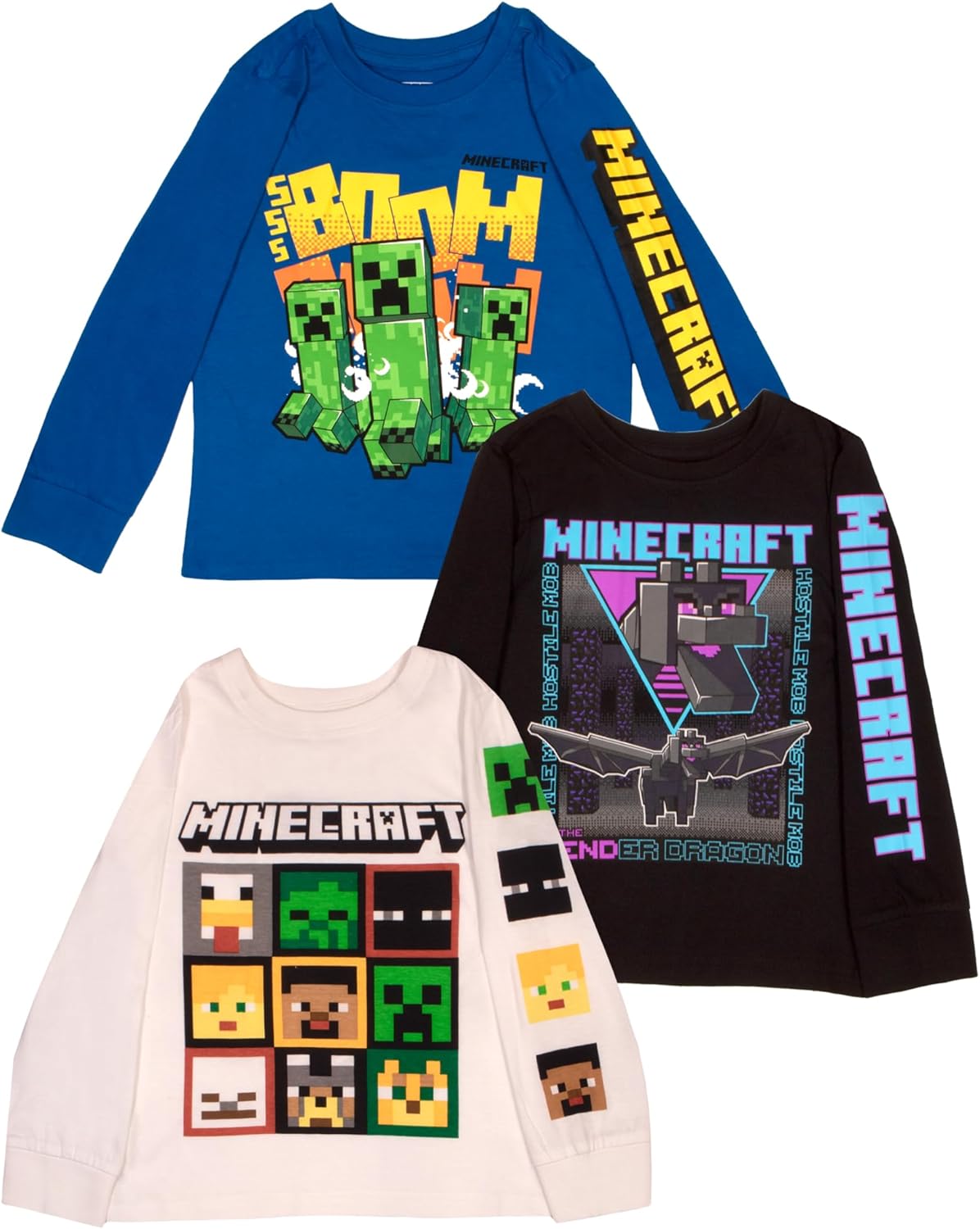 Minecraft Characters Boys Long Sleeve T-Shirt, 3-Pack Bundle Set for Kids and To...