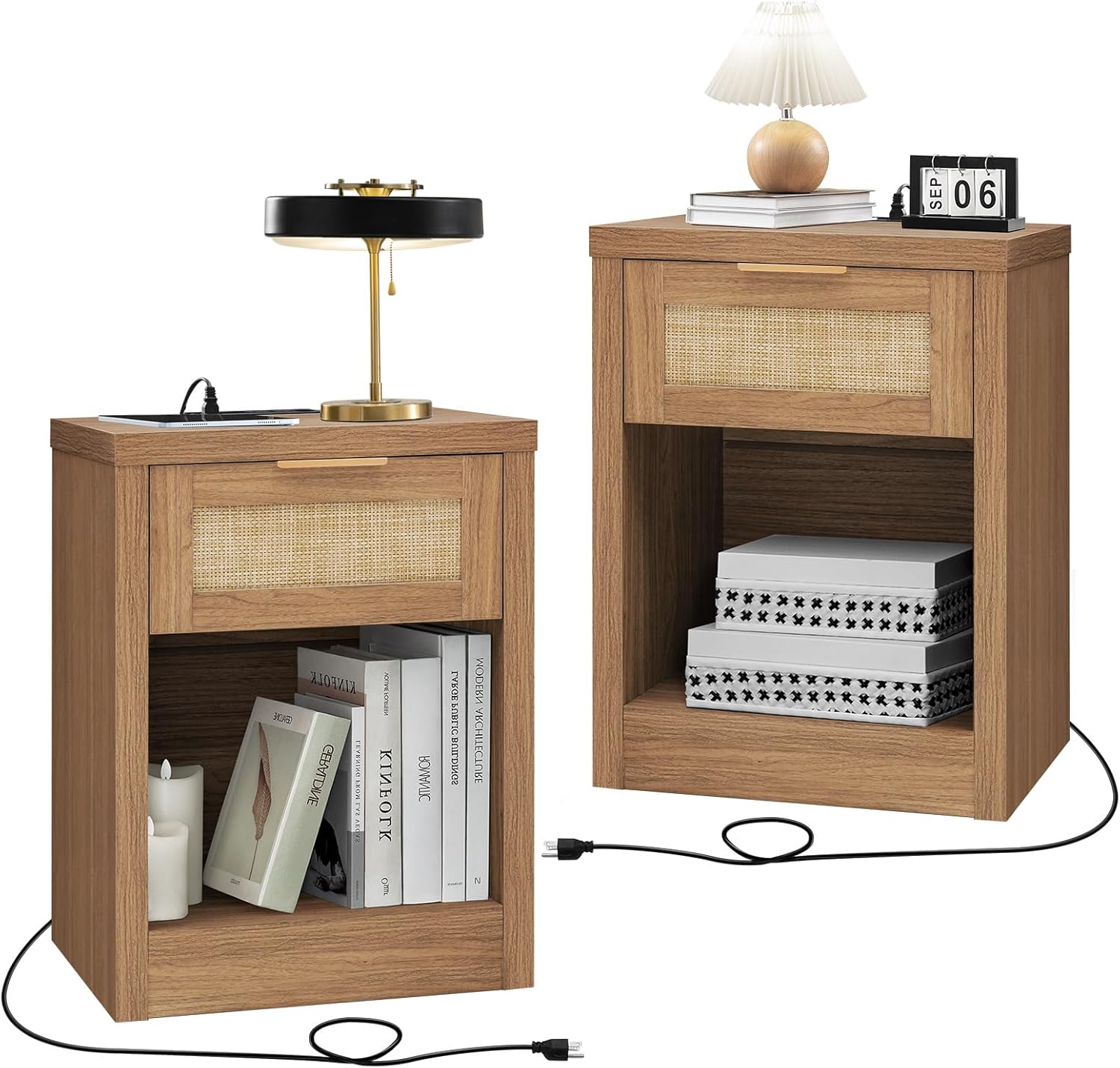 Nightstand Set of 2, Rattan Night Stand with Type-C Charging Station, Bedside Ta...