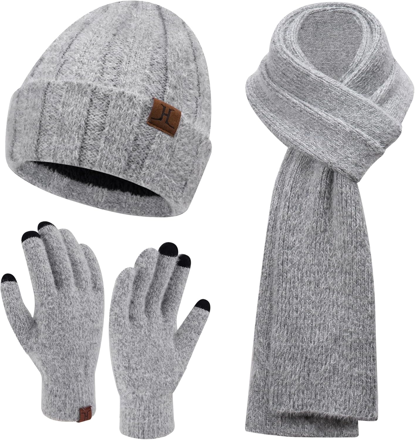 Womens Winter Warm Knit Beanie Hat Touchscreen Gloves Long Neck Scarf Set with F...