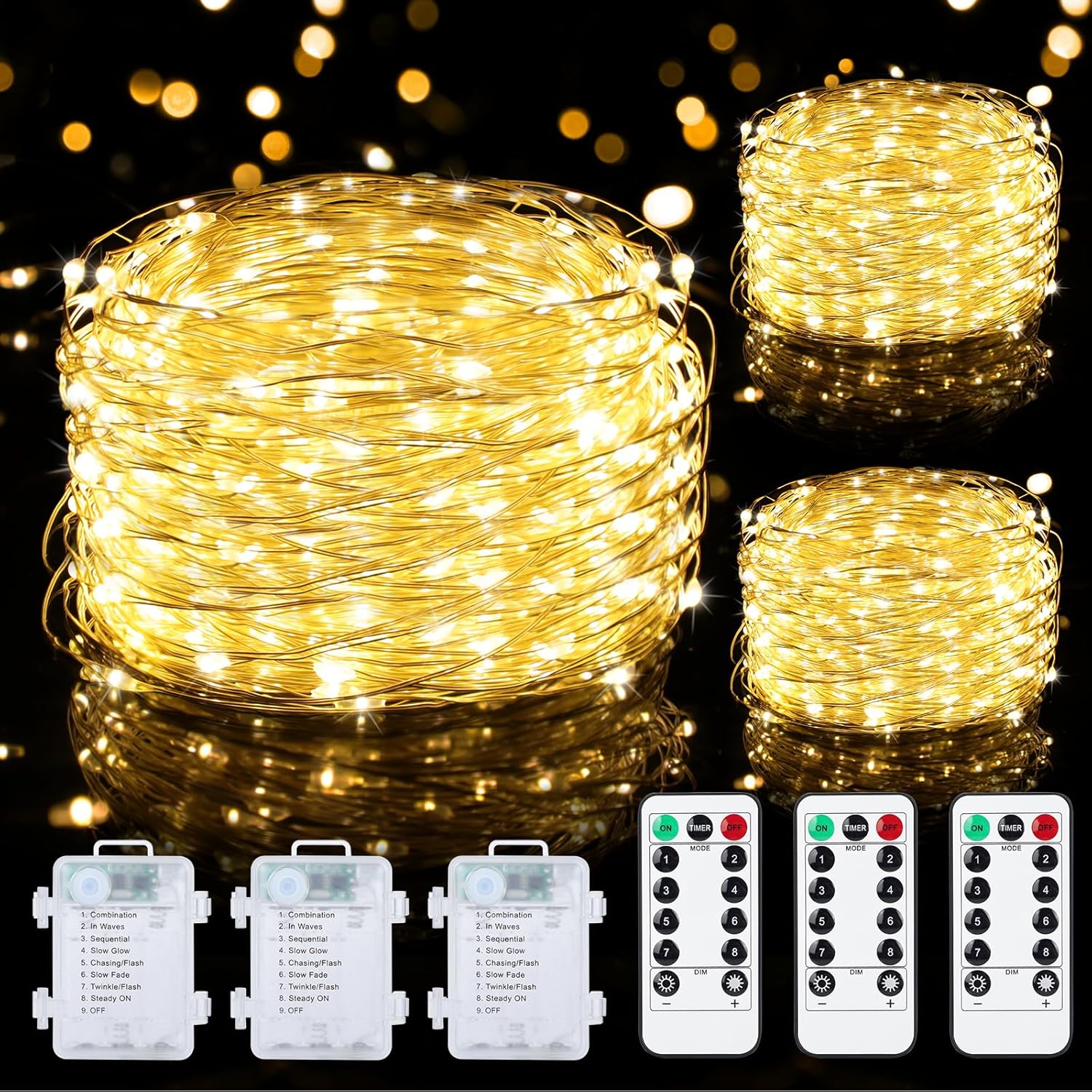 Mlambert 3 Pack 33FT Fairy Lights Battery Operated with Remote and Timer, Waterp...