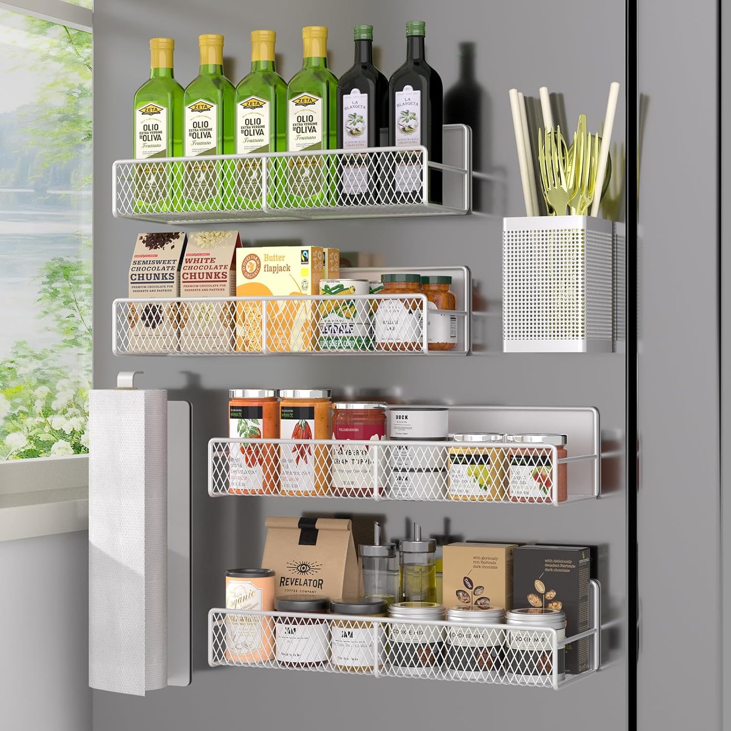 Magnetic Spice Rack for Refrigerator, 6 Pack Metal Magnetic Shelf White, Moveabl...