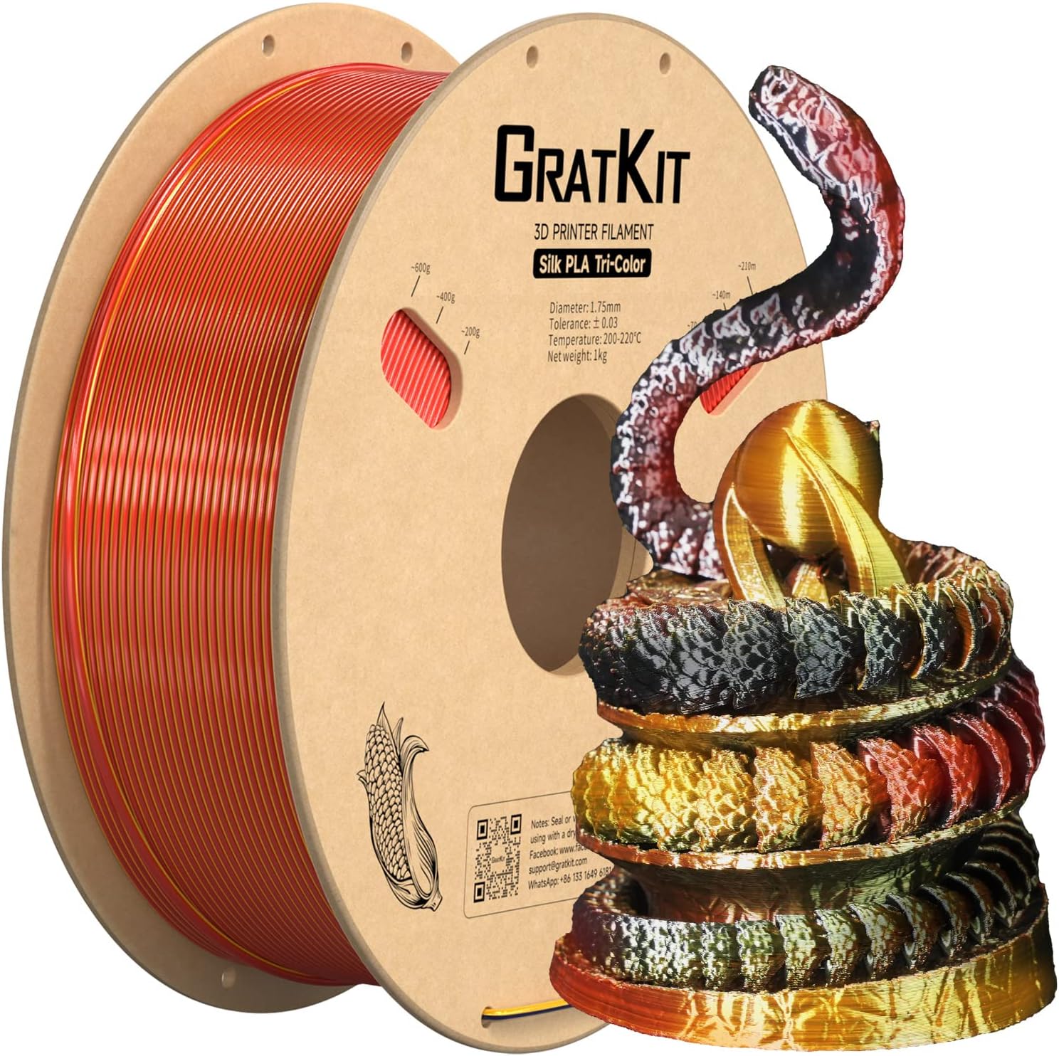 Gratkit Silk Tri-Color PLA Filament，Coextrusion PLA Filament 1.75mm, -0.03mm, 1...